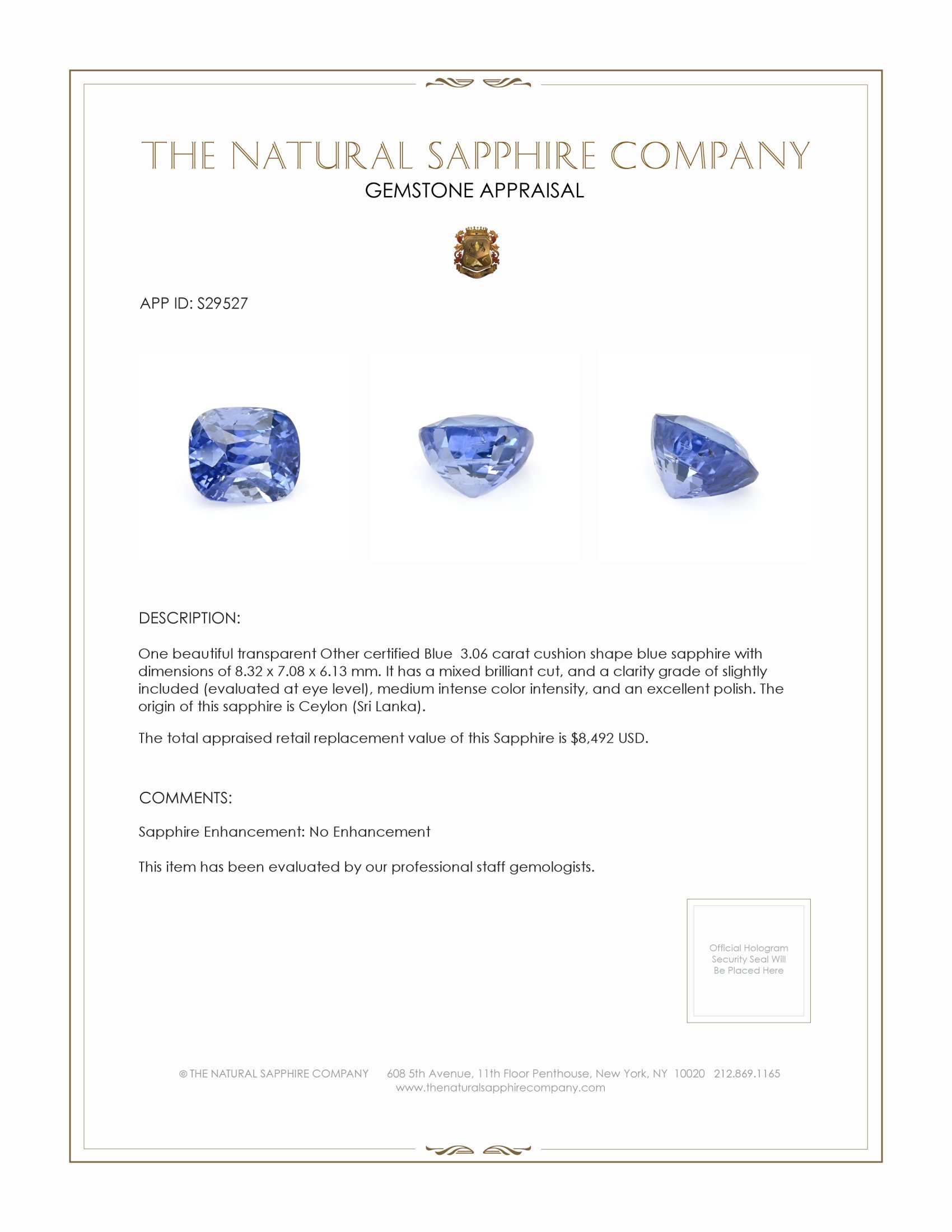 3.06 Ct. Blue Sapphire from Ceylon (Sri Lanka)