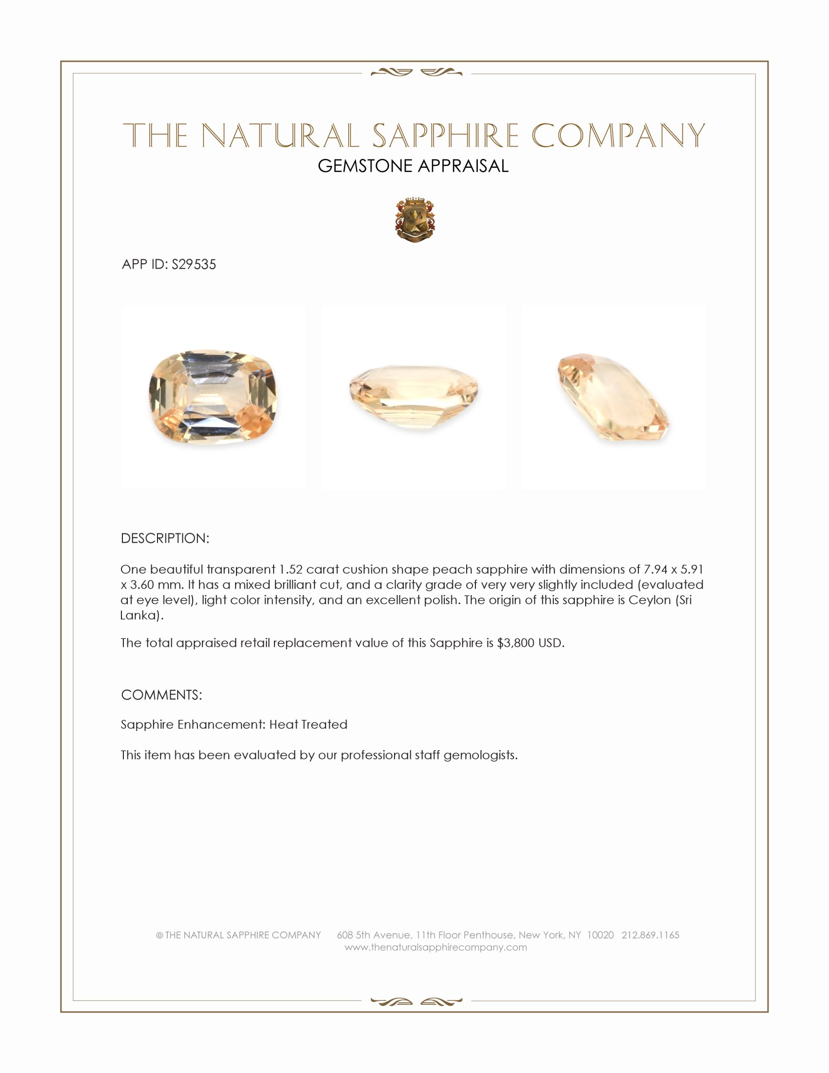 1.52 Ct. Peach Sapphire from Ceylon (Sri Lanka)