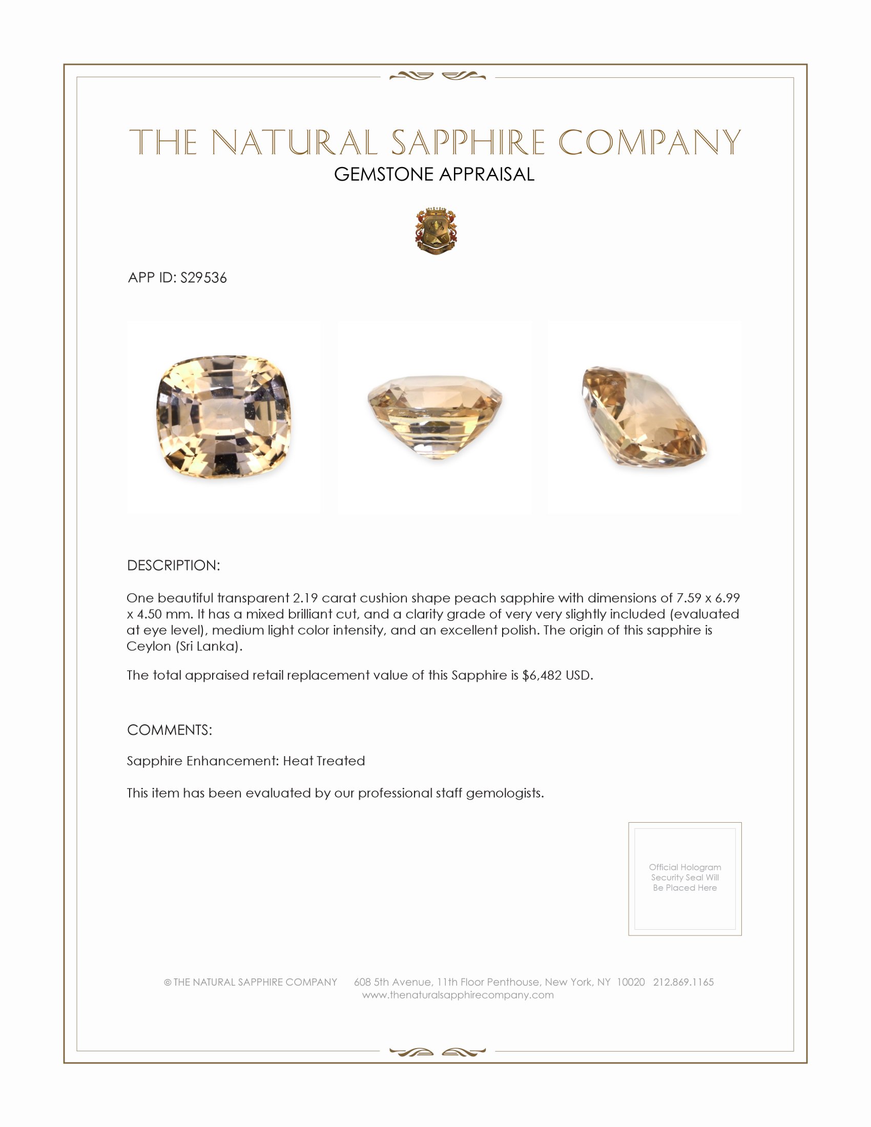 2.19 Ct. Peach Sapphire from Ceylon (Sri Lanka)