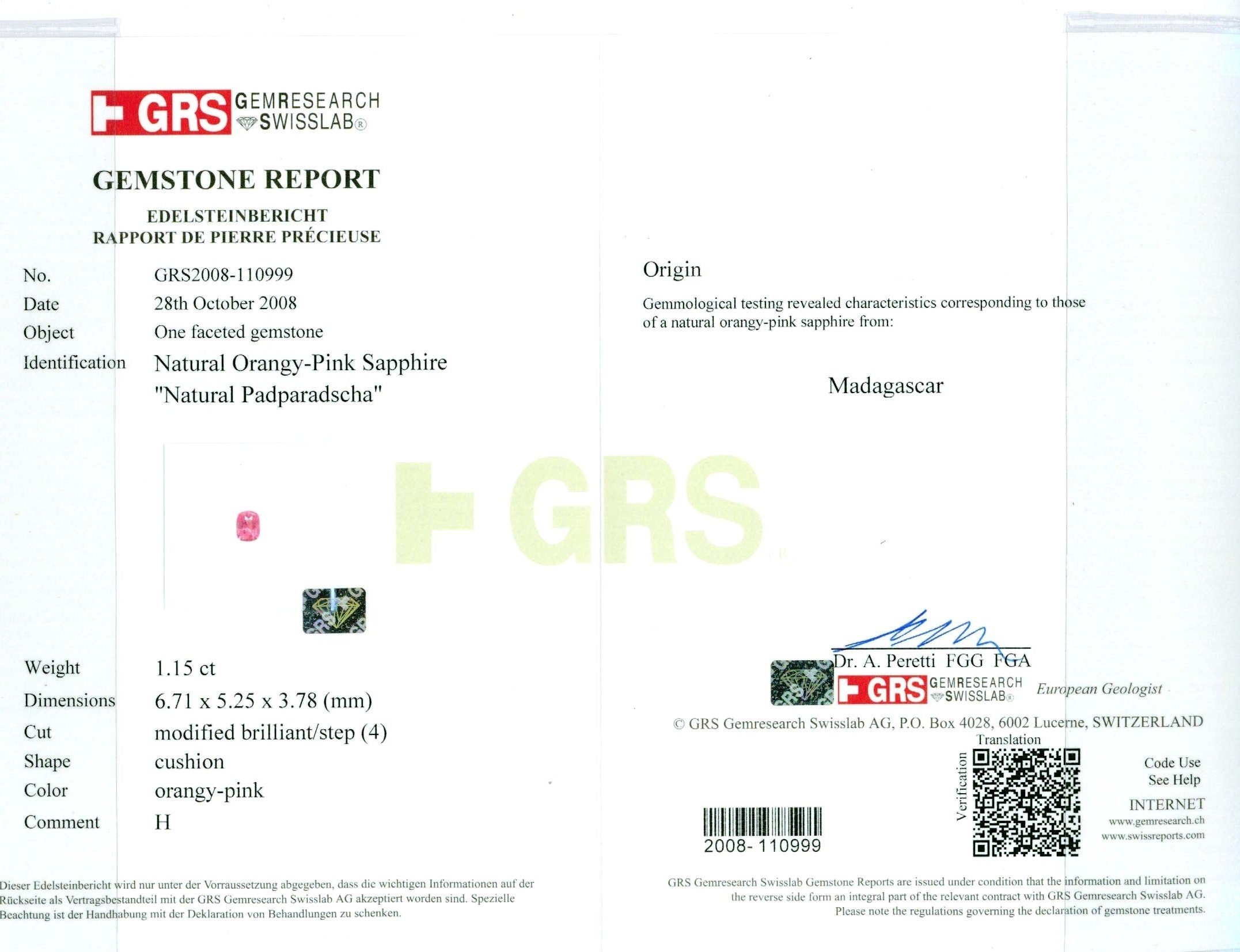 1.15 Ct. Padparadscha Sapphire from Madagascar