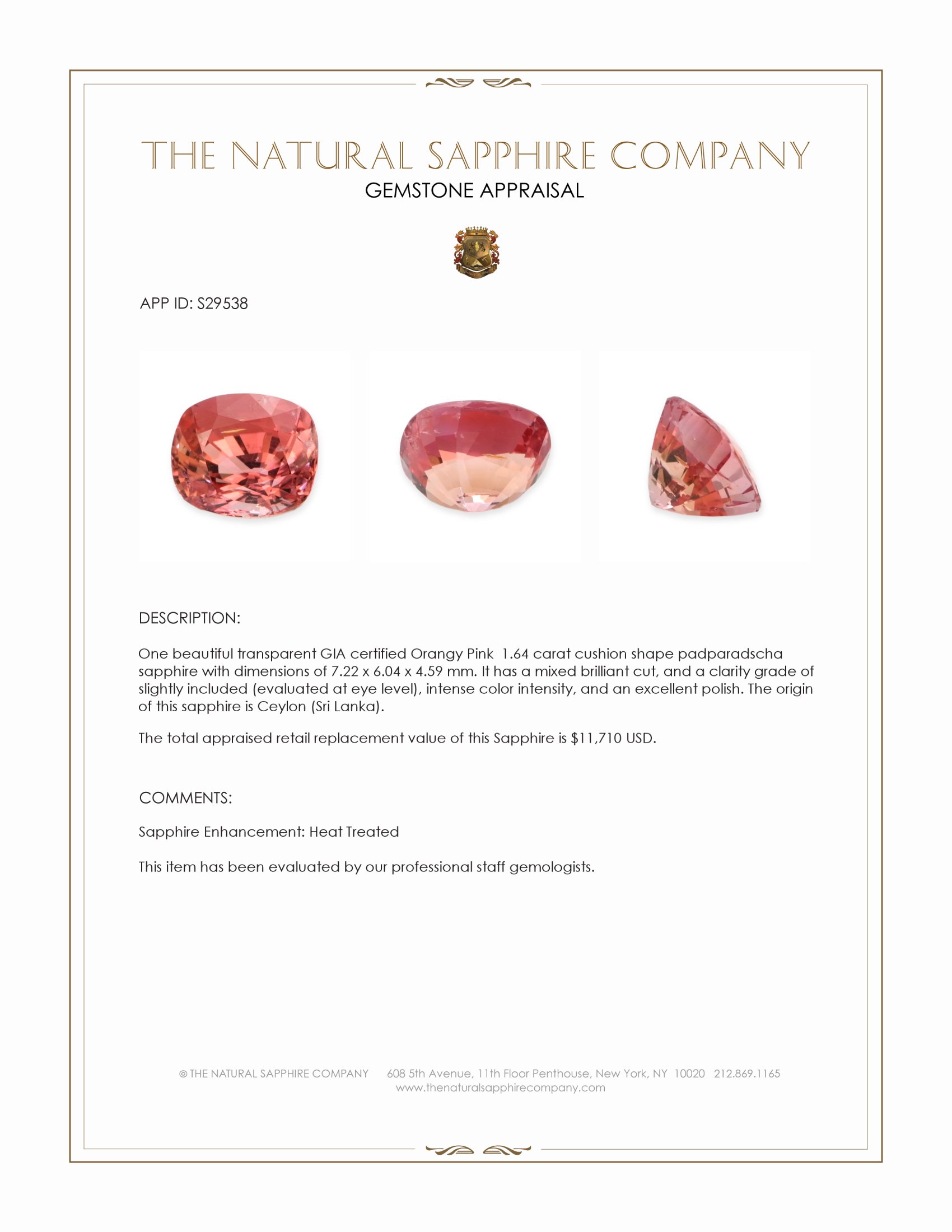1.64 Ct. Padparadscha Sapphire from Ceylon (Sri Lanka)