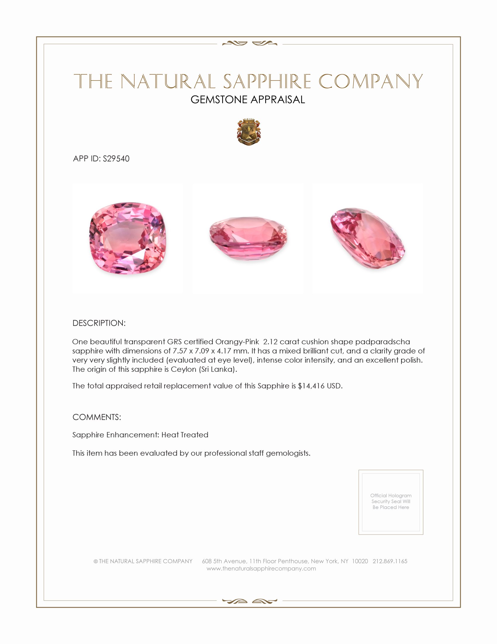2.12 Ct. Padparadscha Sapphire from Ceylon (Sri Lanka)