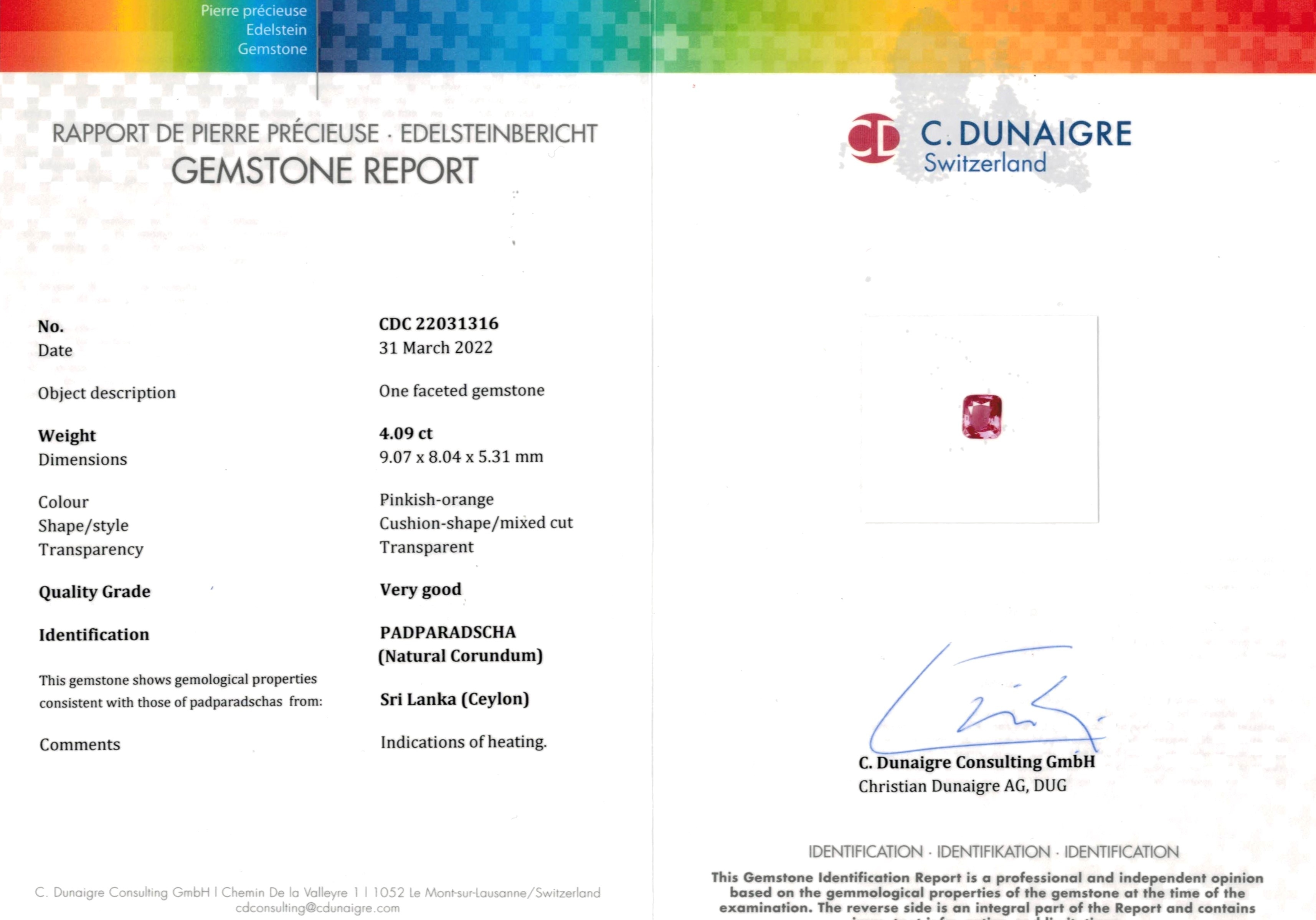 4.09 Ct. Padparadscha Sapphire from Ceylon (Sri Lanka)