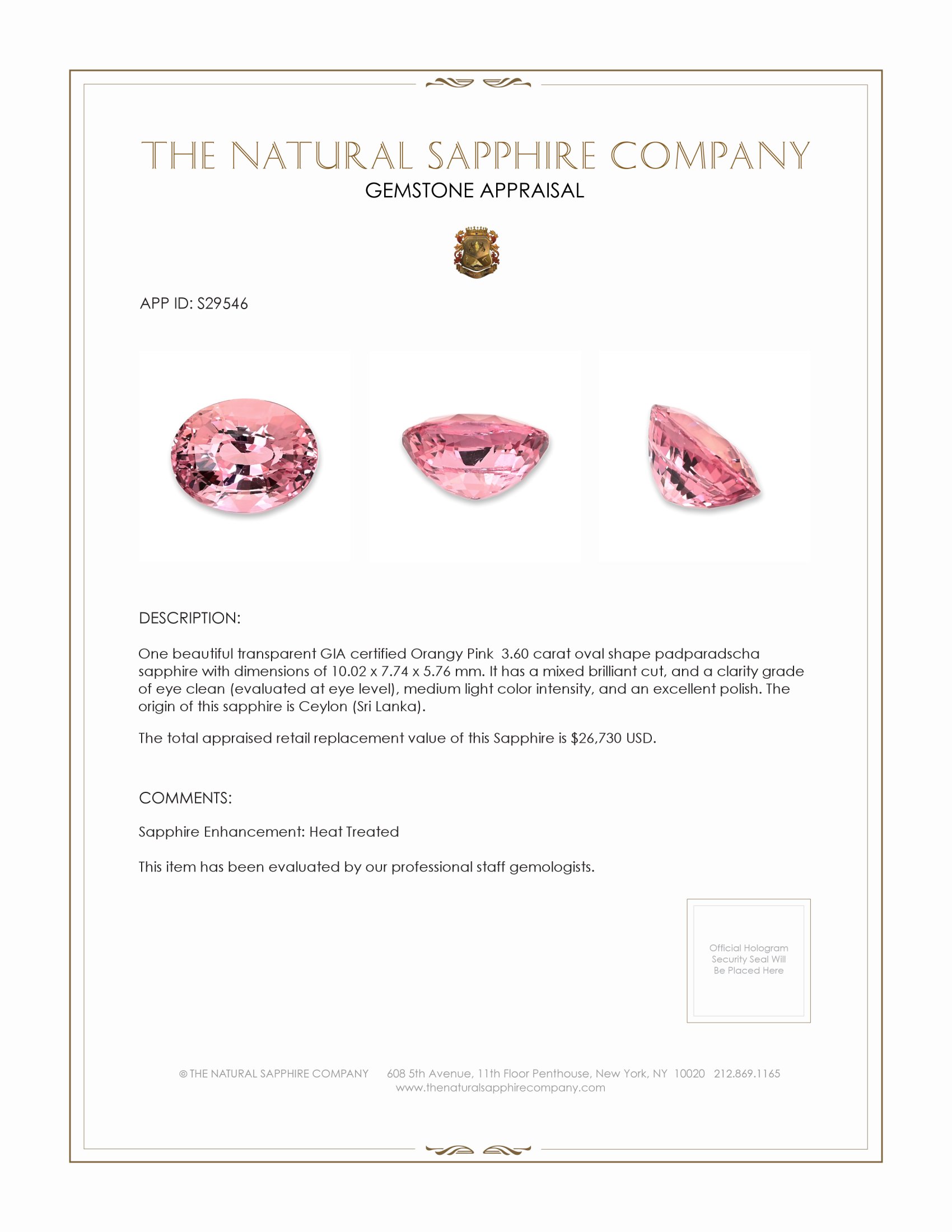 3.60 Ct. Padparadscha Sapphire from Ceylon (Sri Lanka)