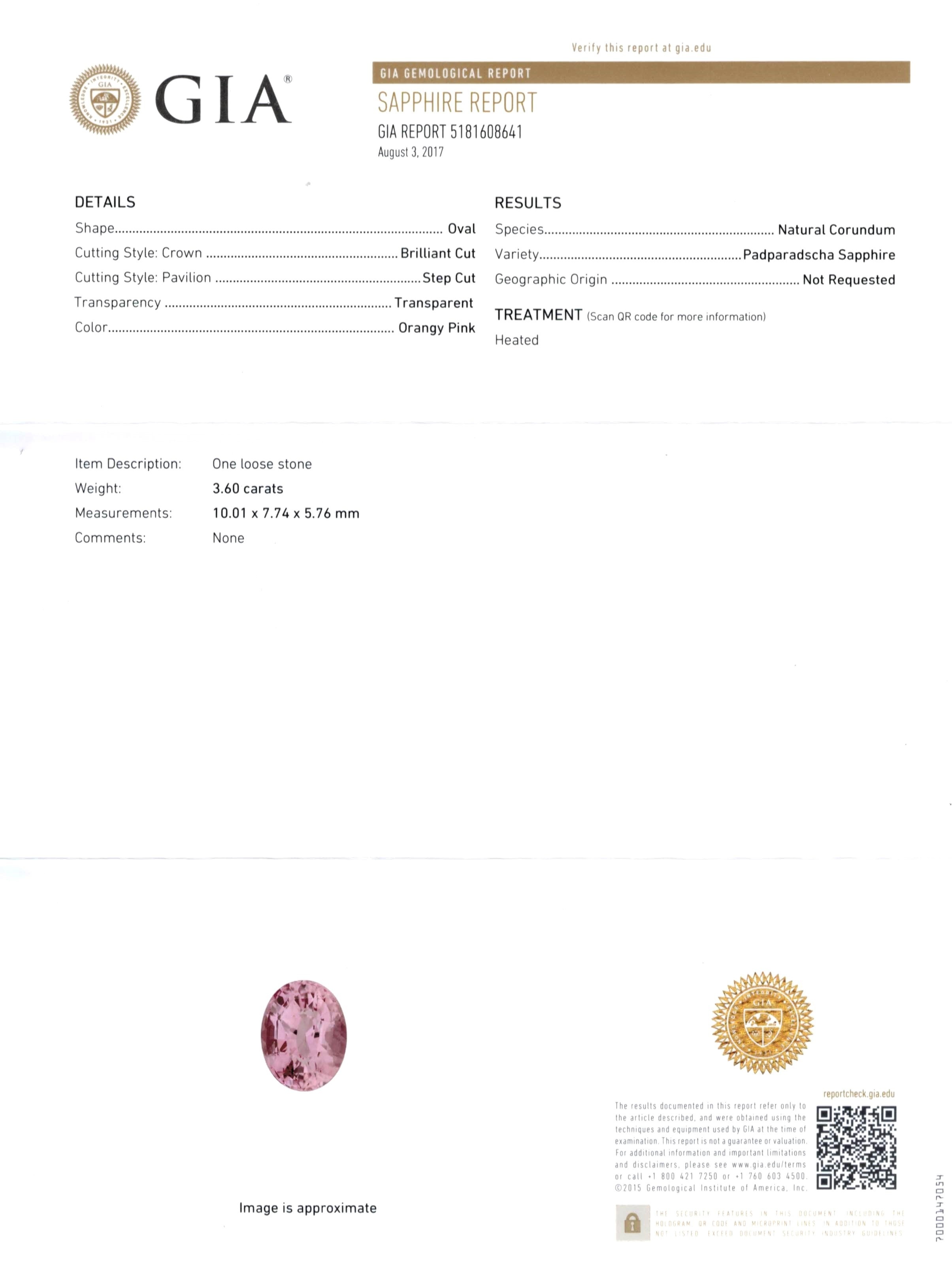 3.60 Ct. Padparadscha Sapphire from Ceylon (Sri Lanka)