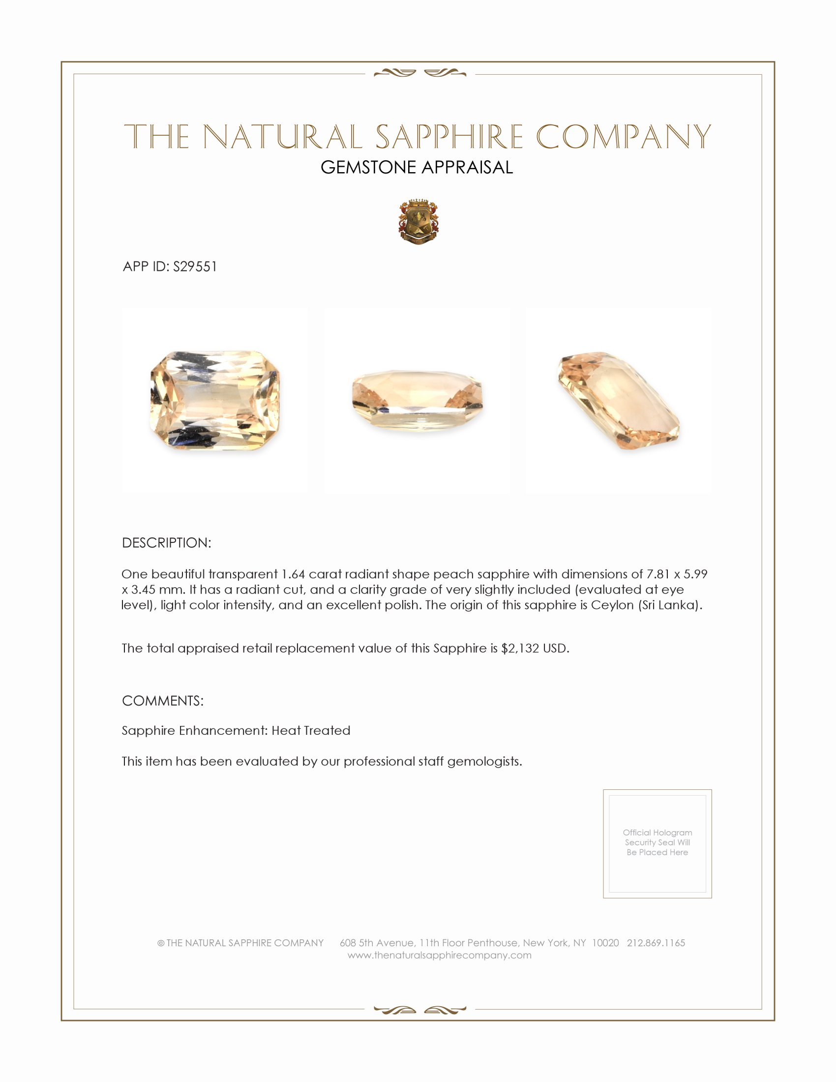 1.64 Ct. Peach Sapphire from Ceylon (Sri Lanka)