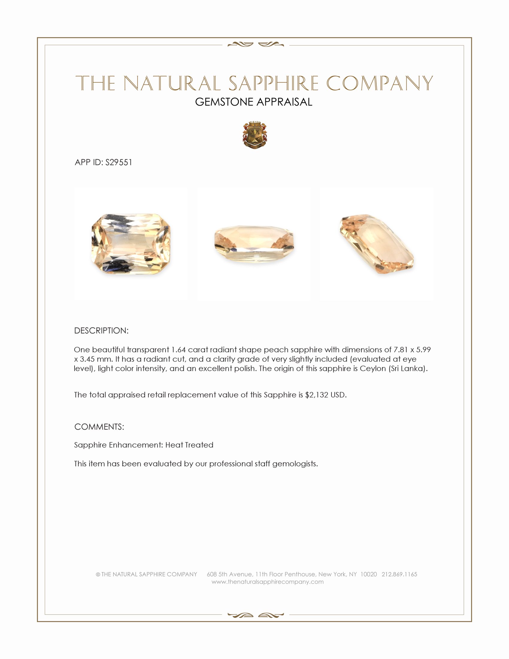 1.64 Ct. Peach Sapphire from Ceylon (Sri Lanka)