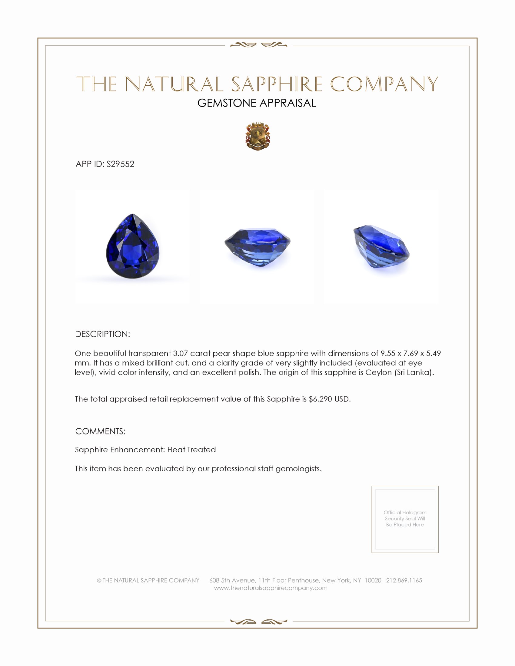 3.07 Ct. Blue Sapphire from Ceylon (Sri Lanka)
