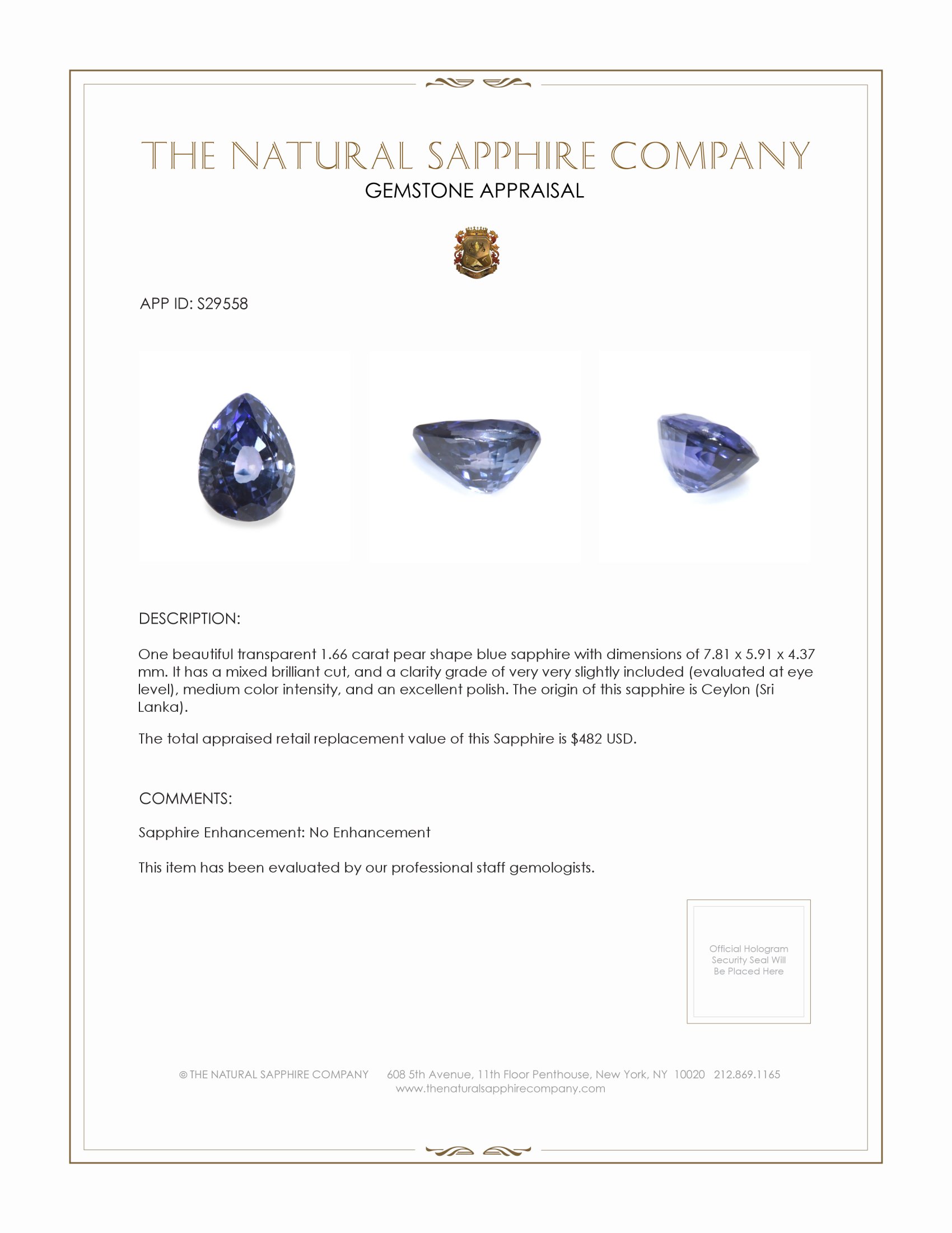 1.66 Ct. Blue Sapphire from Ceylon (Sri Lanka)