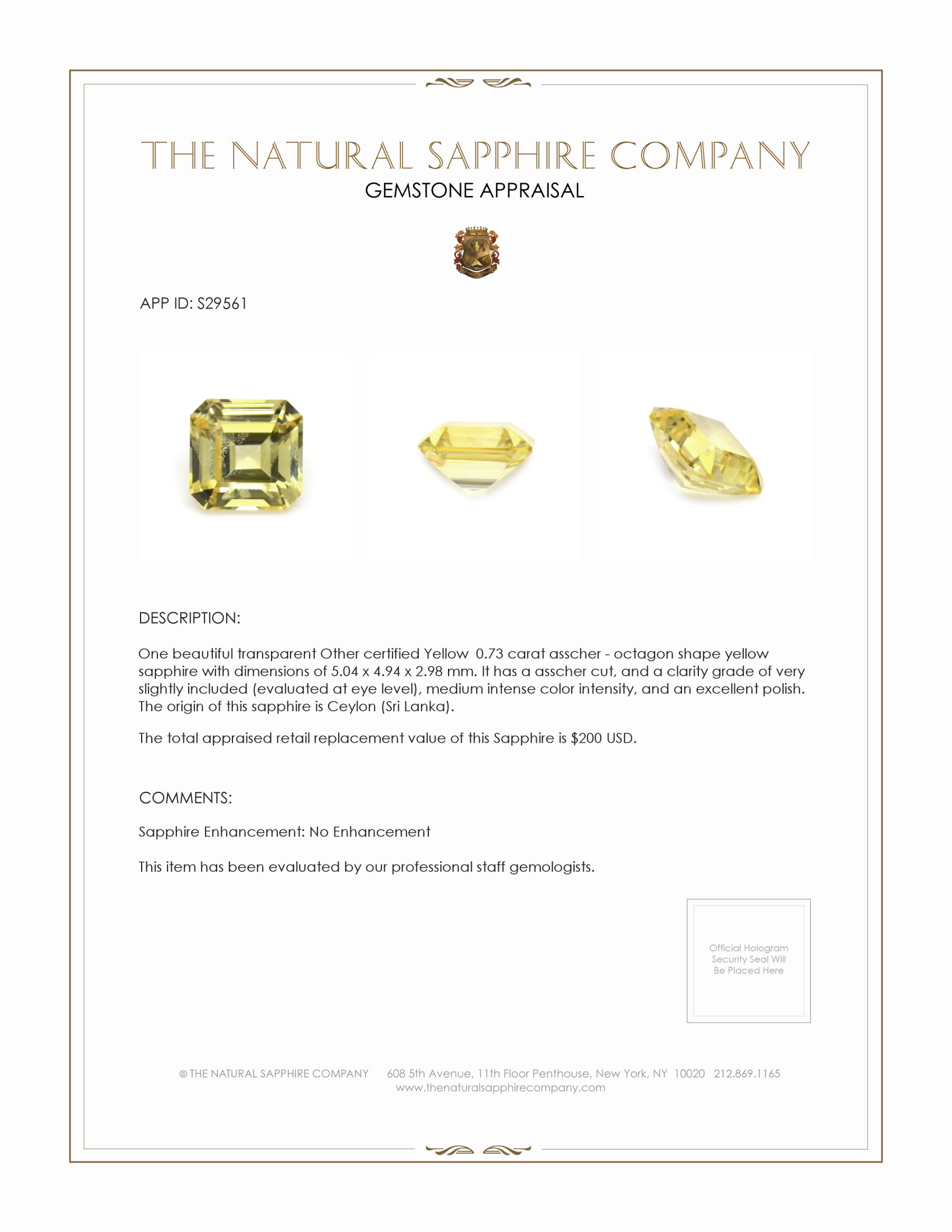 0.73 Ct. Yellow Sapphire from Ceylon (Sri Lanka)