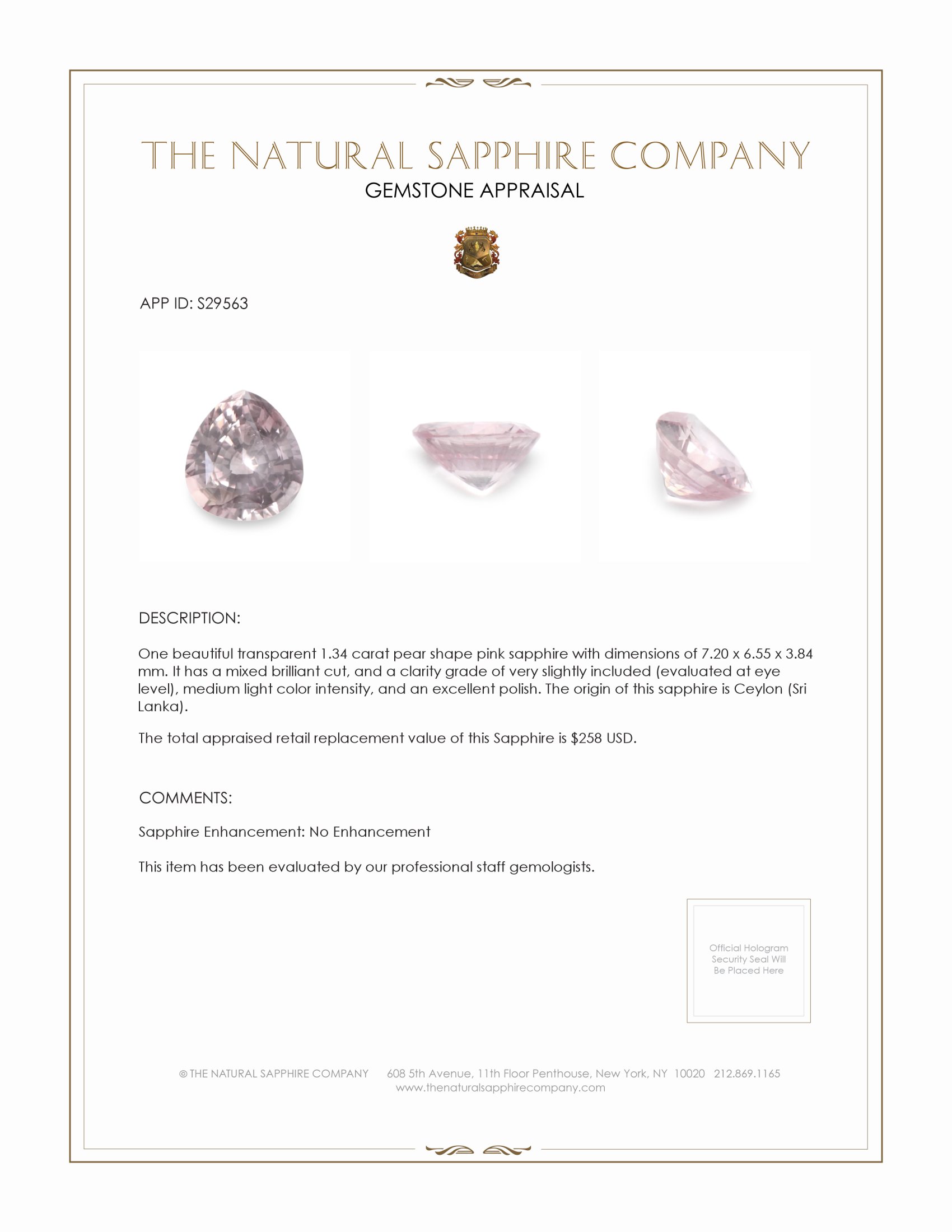 1.34 Ct. Pink Sapphire from Ceylon (Sri Lanka)