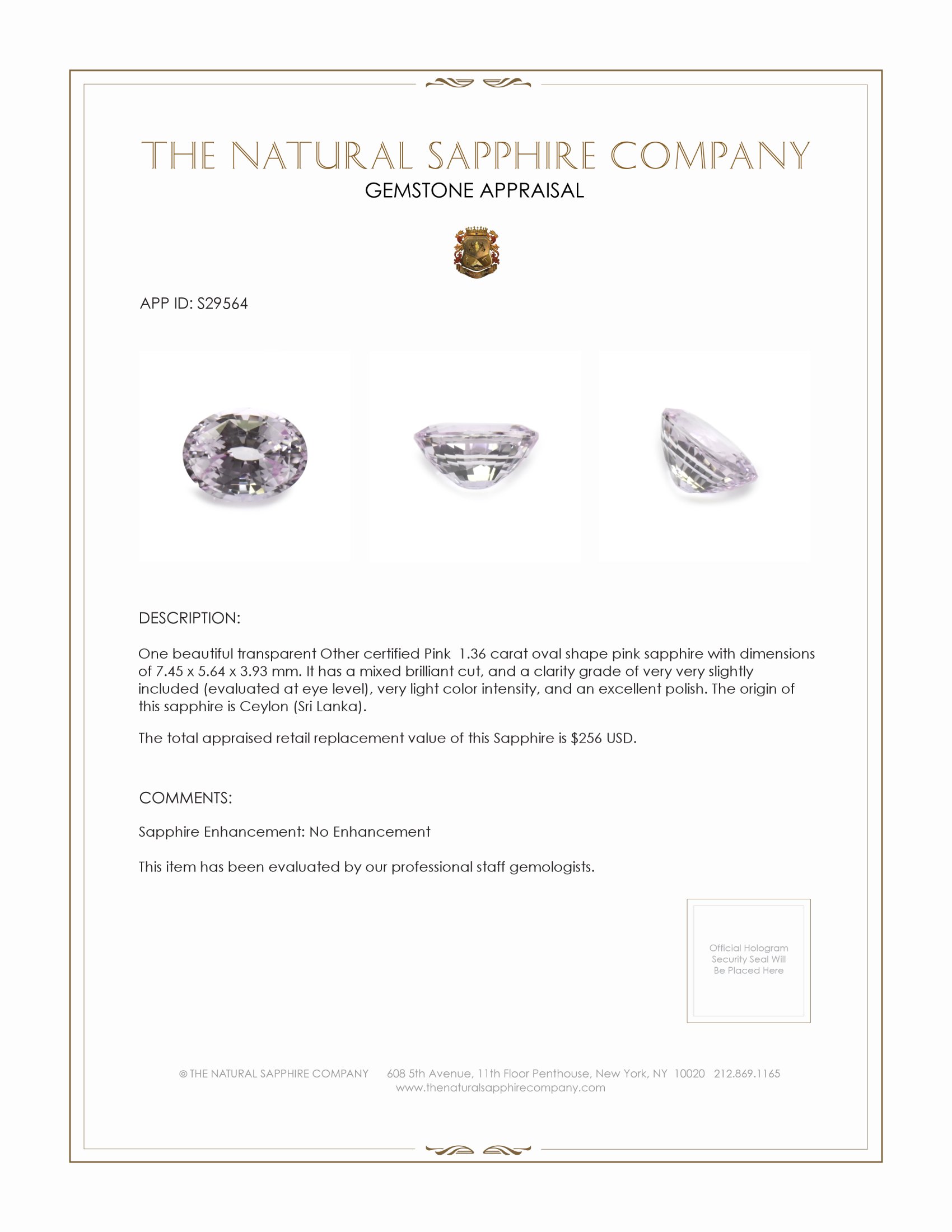 1.36 Ct. Pink Sapphire from Ceylon (Sri Lanka)