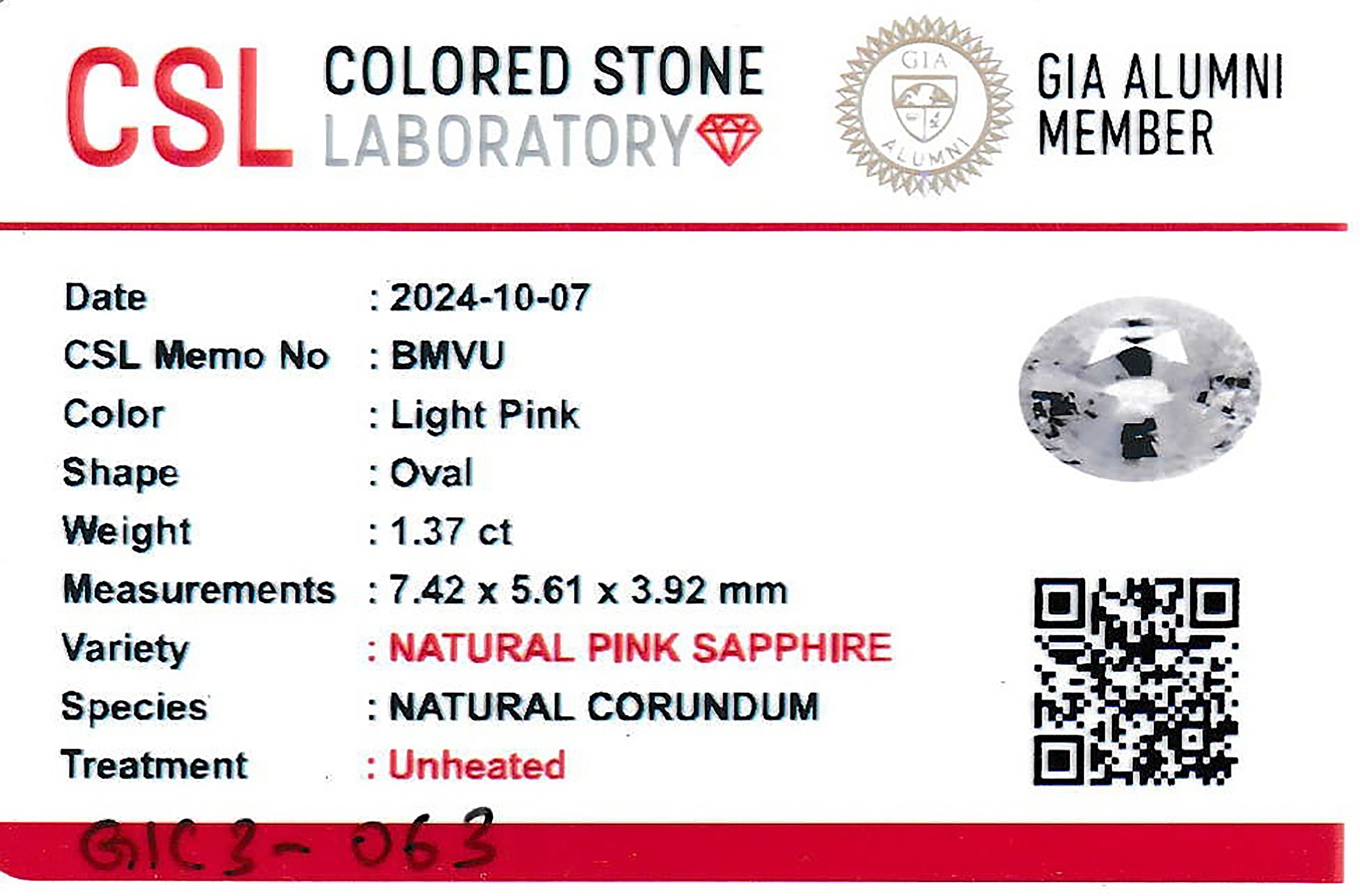 1.36 Ct. Pink Sapphire from Ceylon (Sri Lanka)