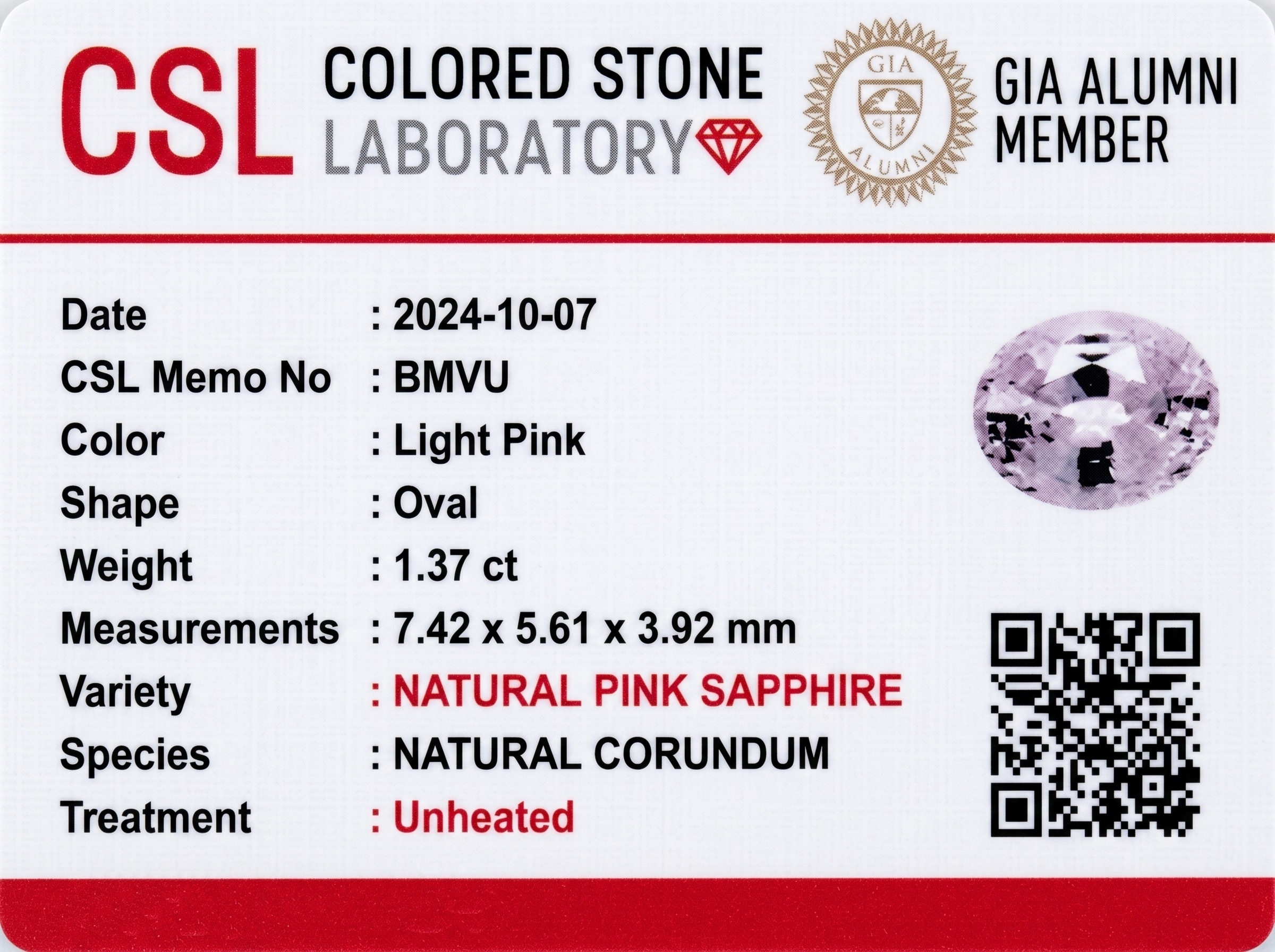 1.36 Ct. Pink Sapphire from Ceylon (Sri Lanka)