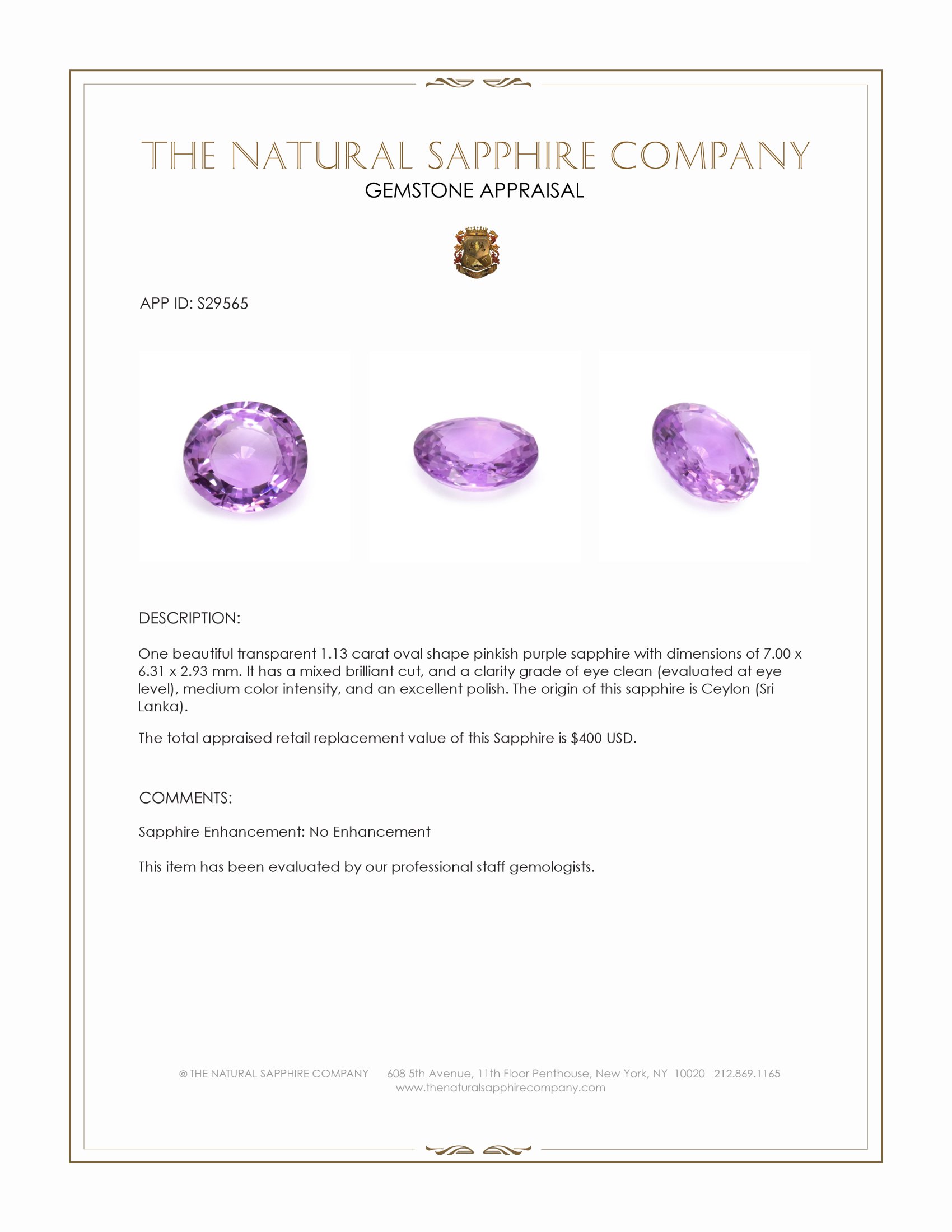 1.13 Ct. Pinkish Purple Sapphire from Ceylon (Sri Lanka)