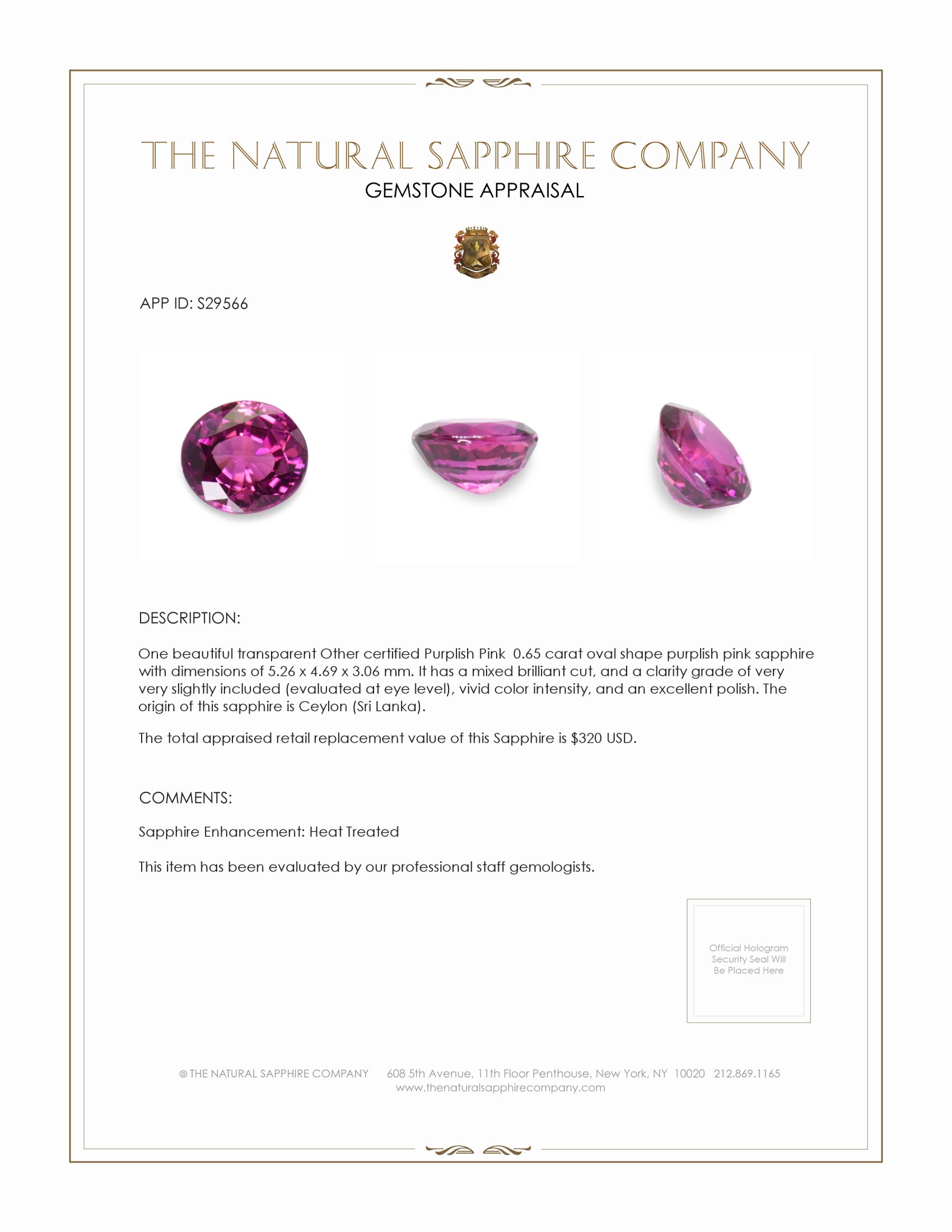 0.65 Ct. Purplish Pink Sapphire from Ceylon (Sri Lanka)