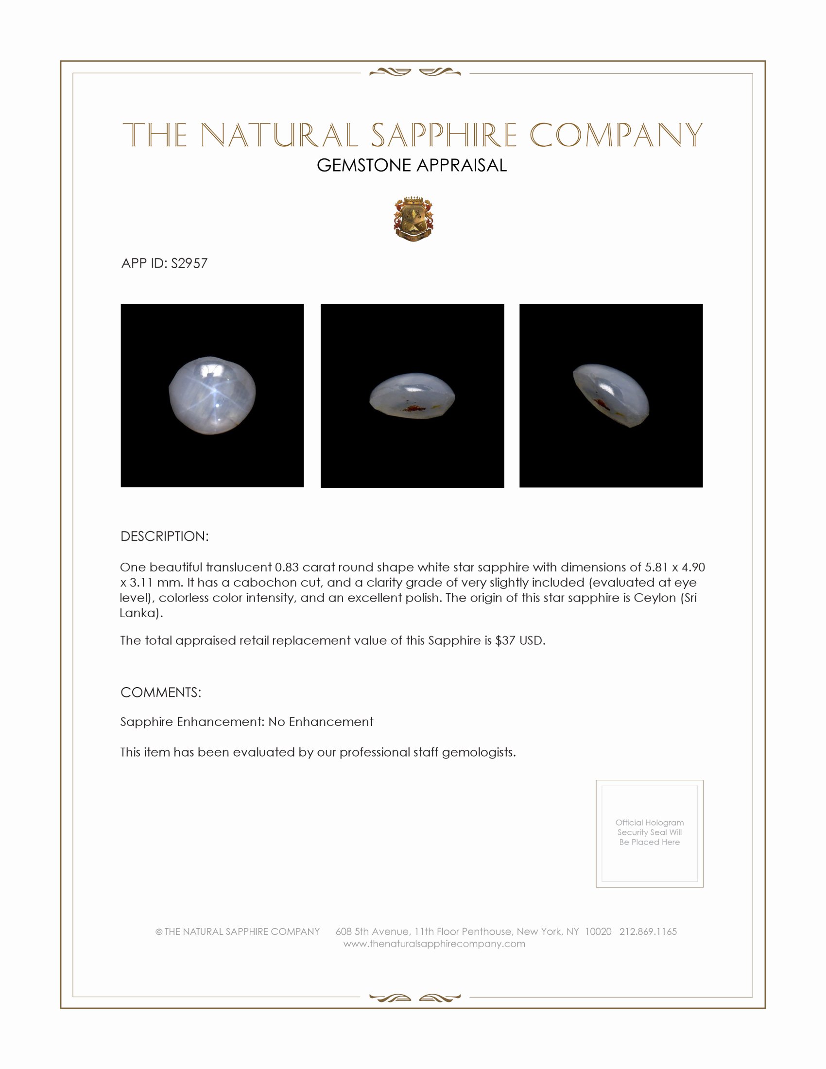 0.83 Ct. White Star Sapphire from Ceylon (Sri Lanka)