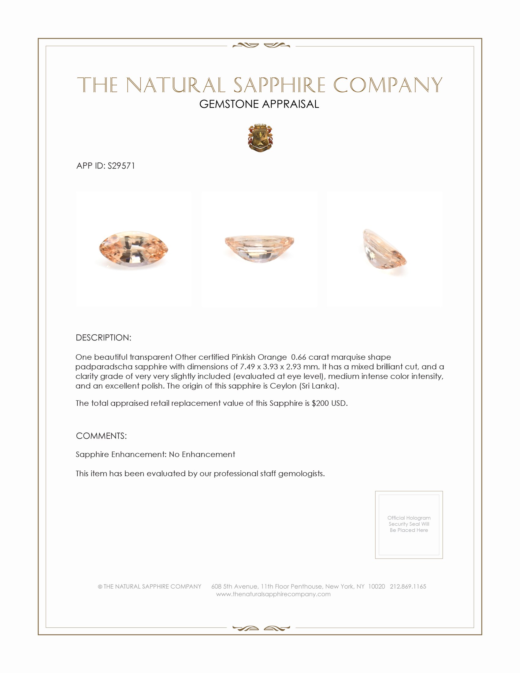 0.66 Ct. Padparadscha Sapphire from Ceylon (Sri Lanka)