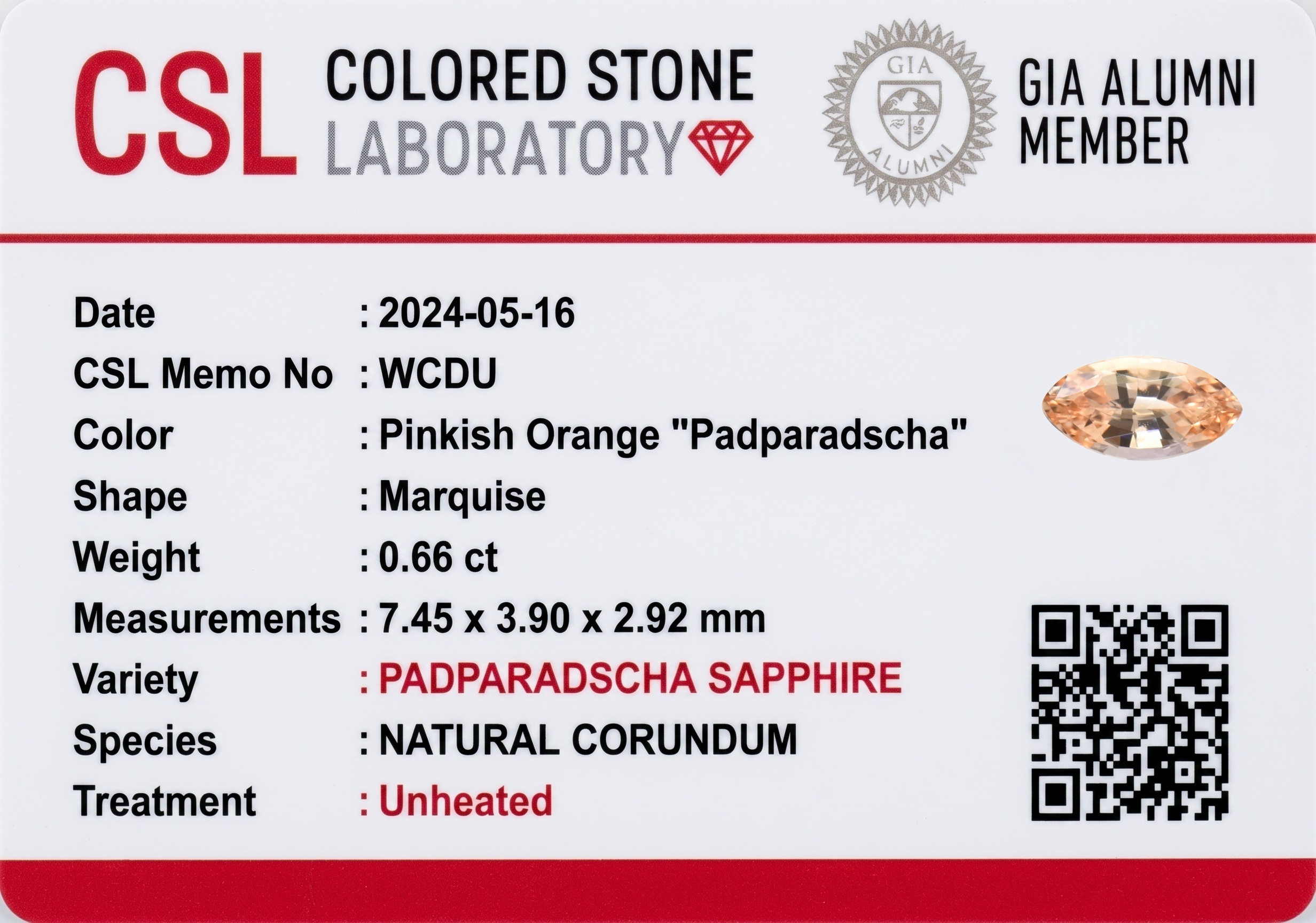 0.66 Ct. Padparadscha Sapphire from Ceylon (Sri Lanka)