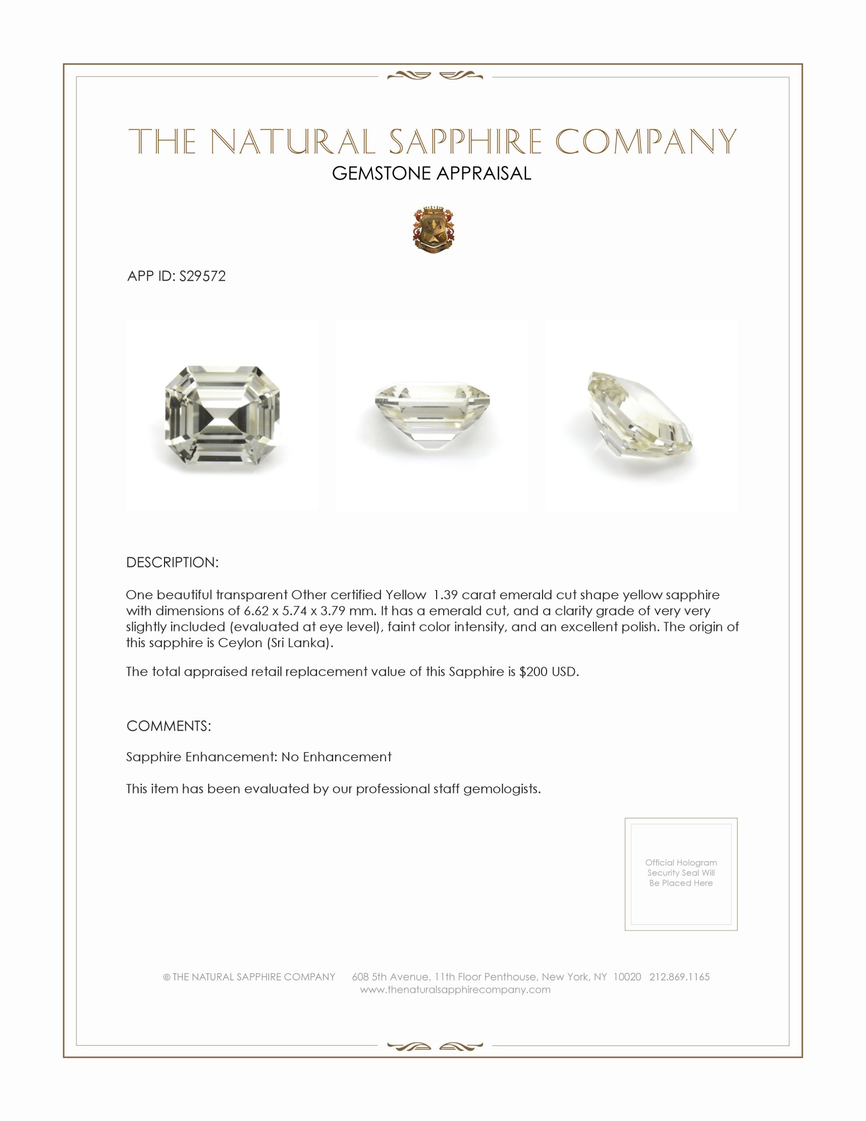 1.39 Ct. Yellow Sapphire from Ceylon (Sri Lanka)