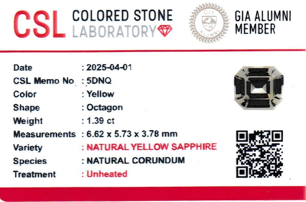 1.39 Ct. Yellow Sapphire from Ceylon (Sri Lanka)