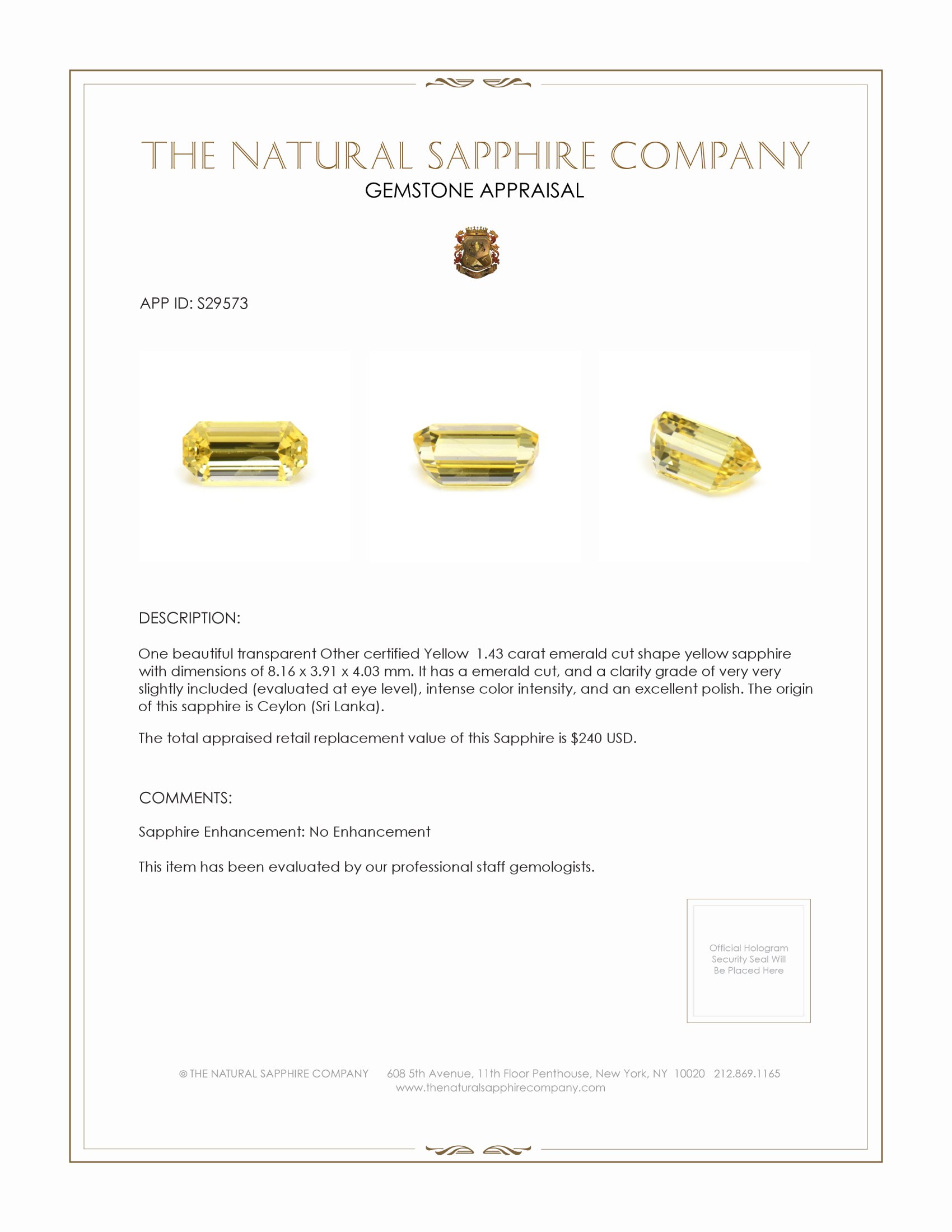 1.43 Ct. Yellow Sapphire from Ceylon (Sri Lanka)