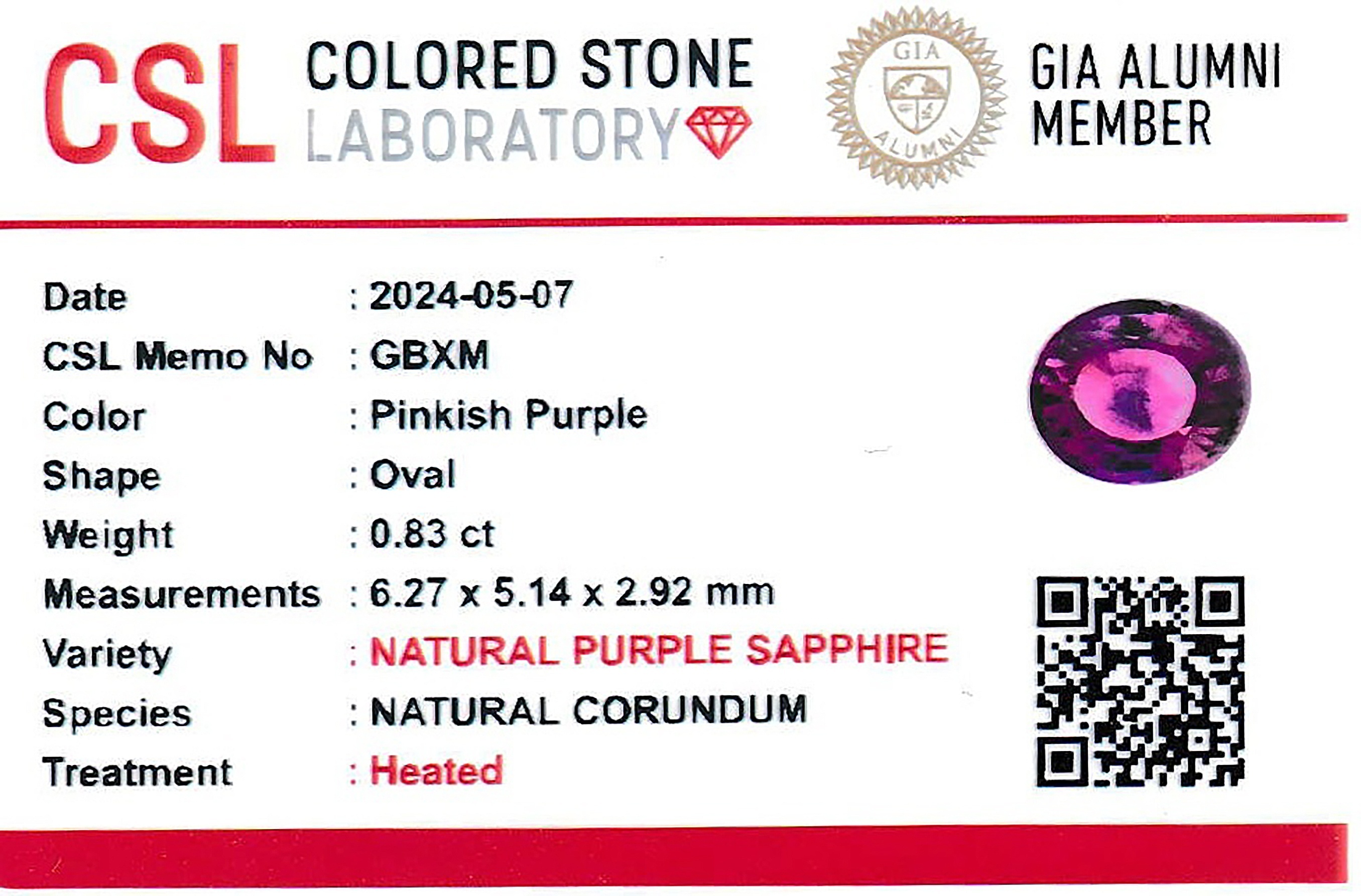 0.82 Ct. Pinkish Purple Sapphire from Ceylon (Sri Lanka)