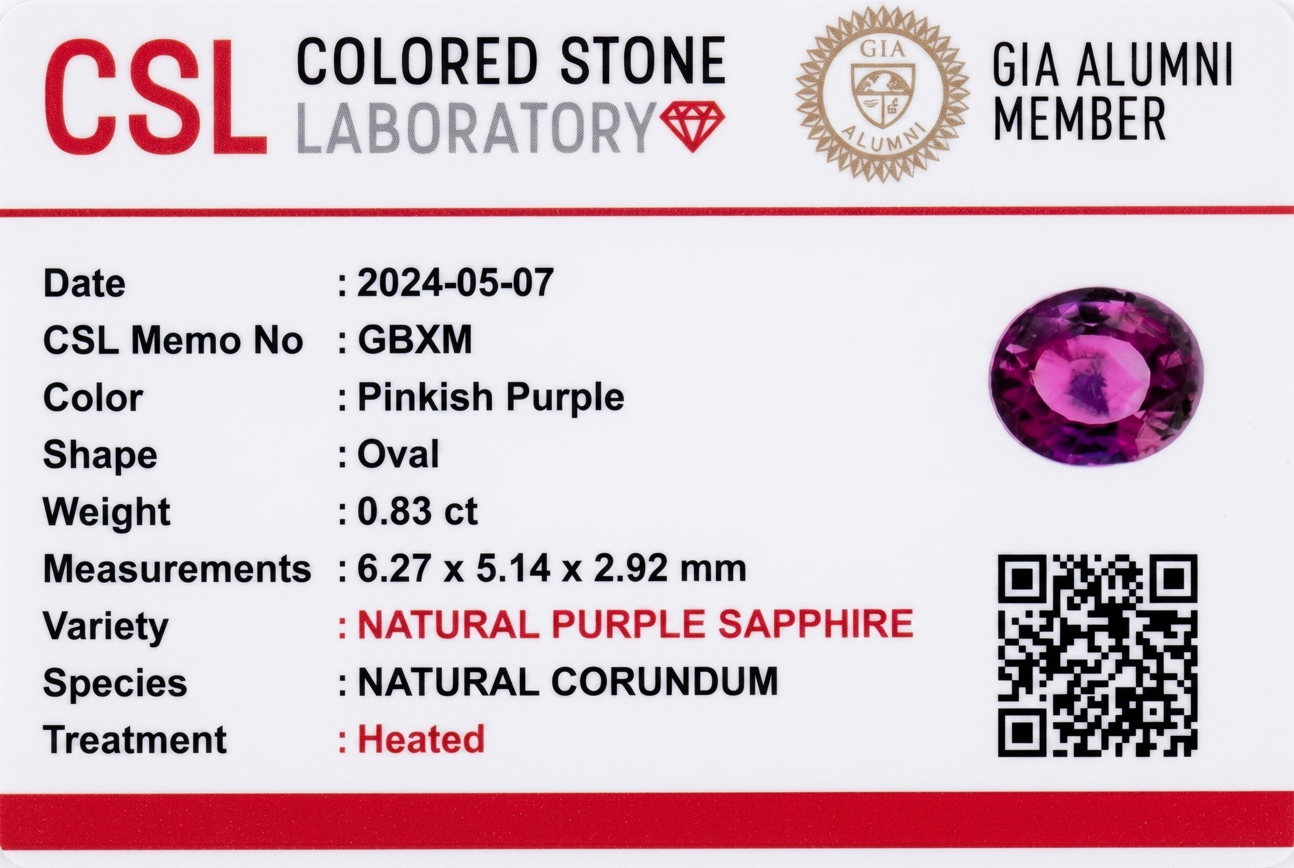 0.82 Ct. Pinkish Purple Sapphire from Ceylon (Sri Lanka)