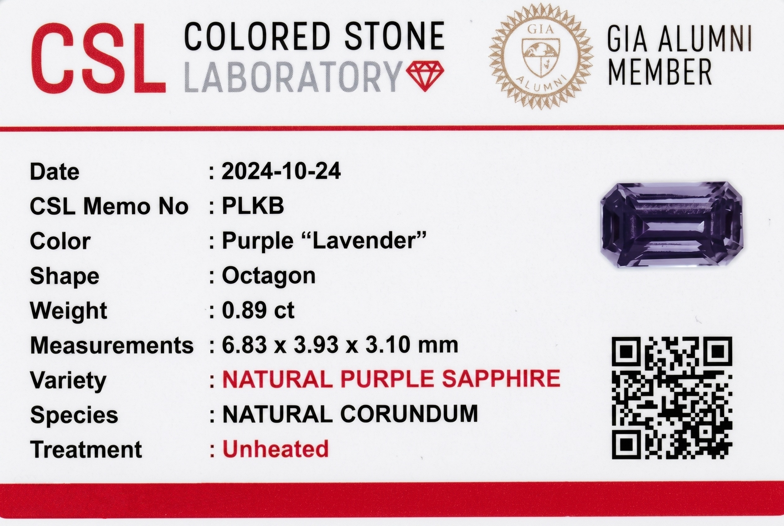0.89 Ct. Violet Sapphire from Ceylon (Sri Lanka)