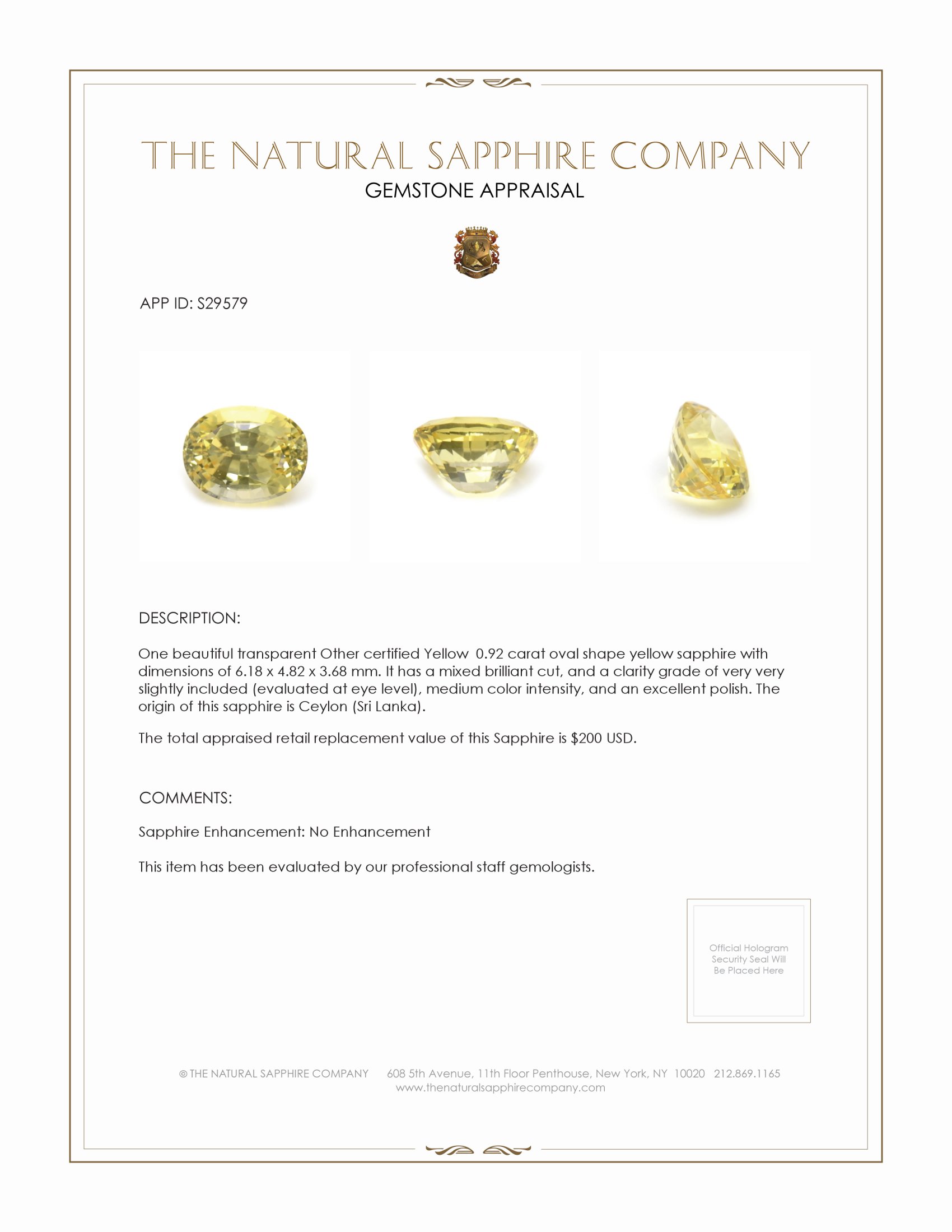0.92 Ct. Yellow Sapphire from Ceylon (Sri Lanka)