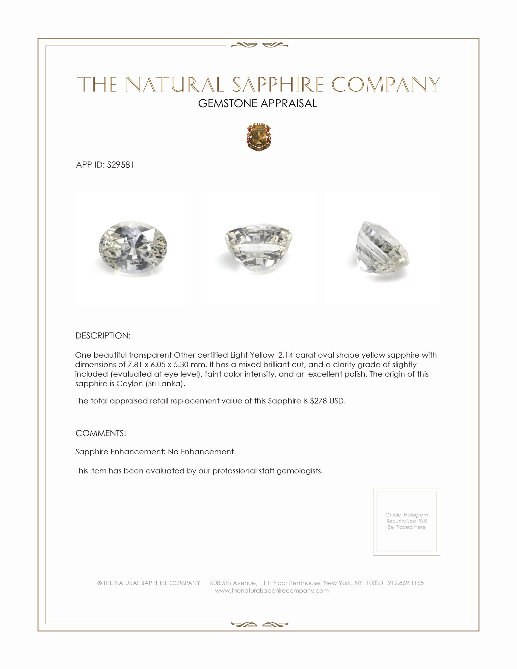 2.14 Ct. Yellow Sapphire from Ceylon (Sri Lanka)