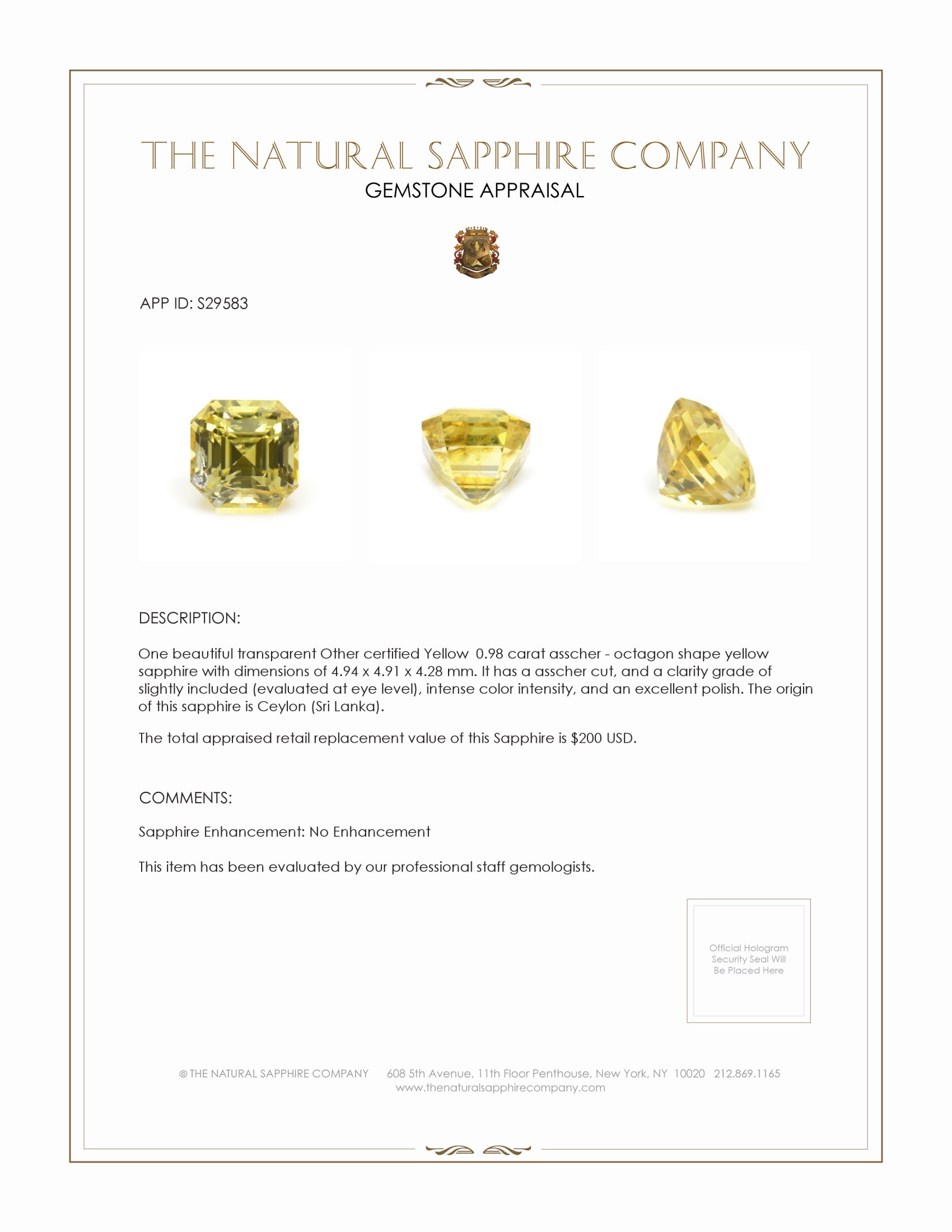 0.98 Ct. Yellow Sapphire from Ceylon (Sri Lanka)