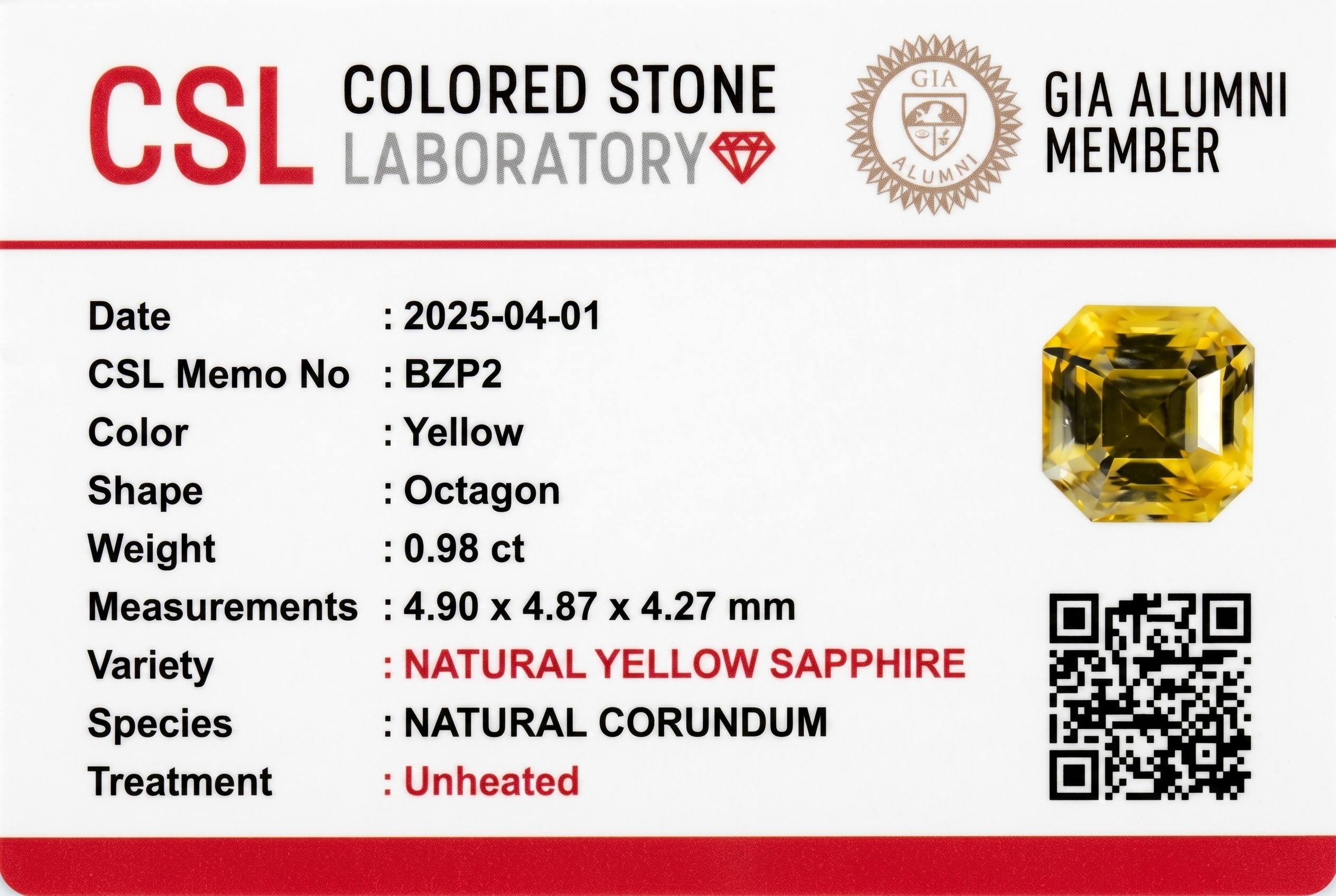 0.98 Ct. Yellow Sapphire from Ceylon (Sri Lanka)