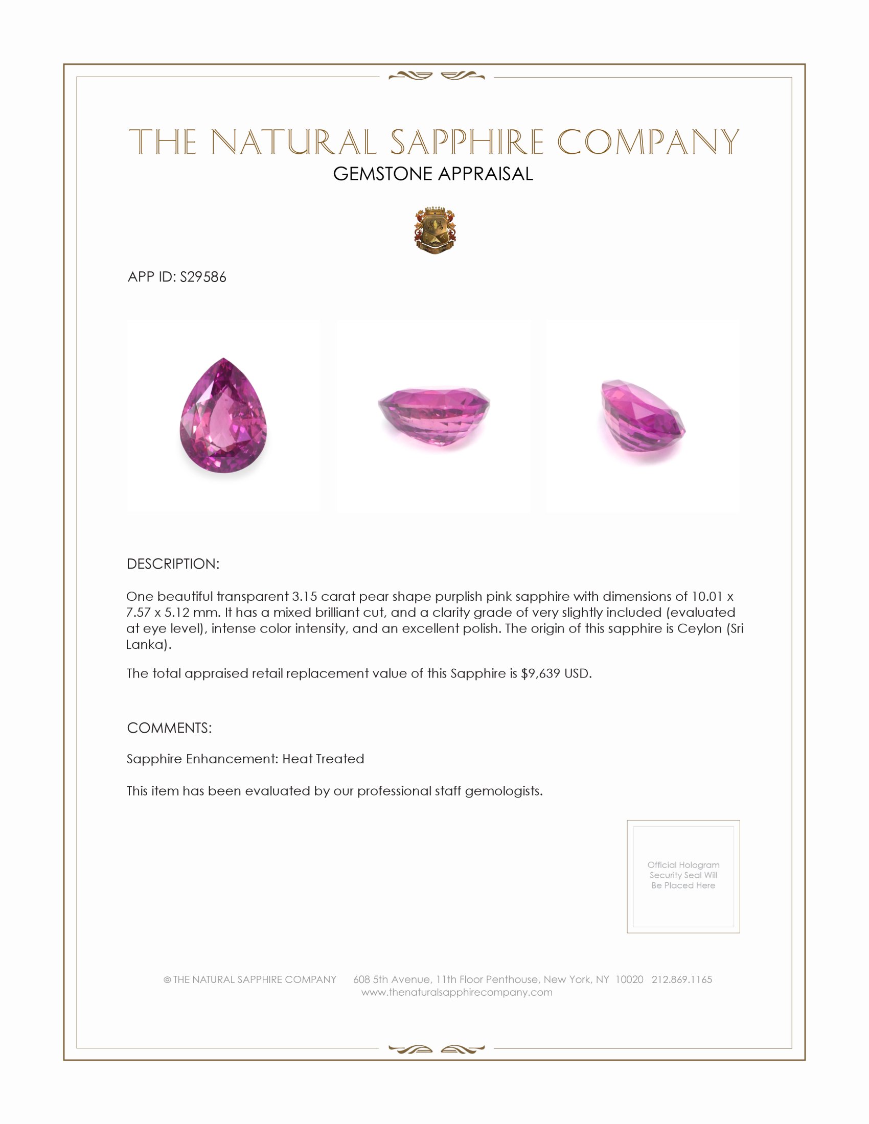 3.15 Ct. Purplish Pink Sapphire from Ceylon (Sri Lanka)