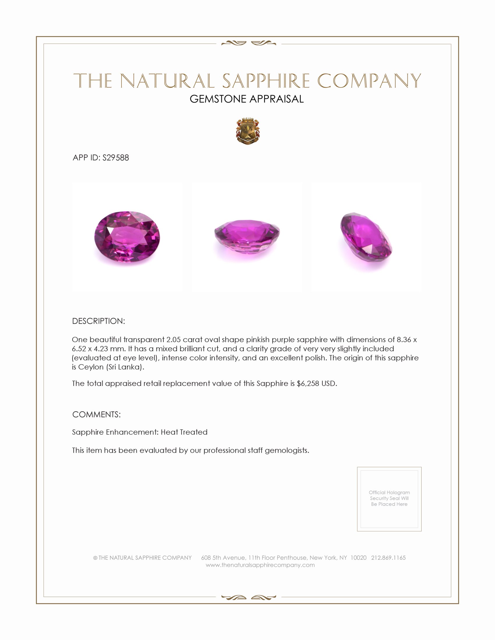 2.05 Ct. Pinkish Purple Sapphire from Ceylon (Sri Lanka)