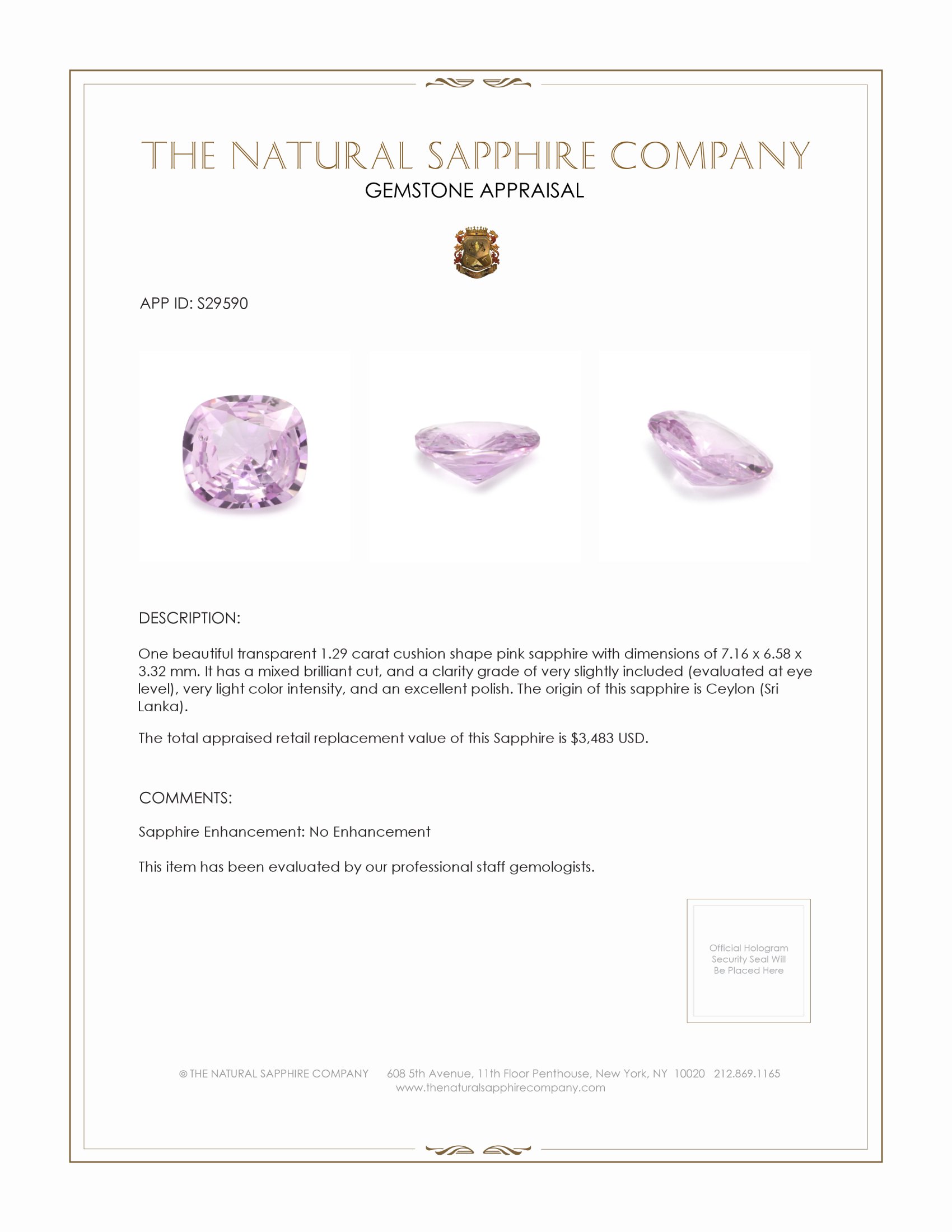 1.29 Ct. Pink Sapphire from Ceylon (Sri Lanka)