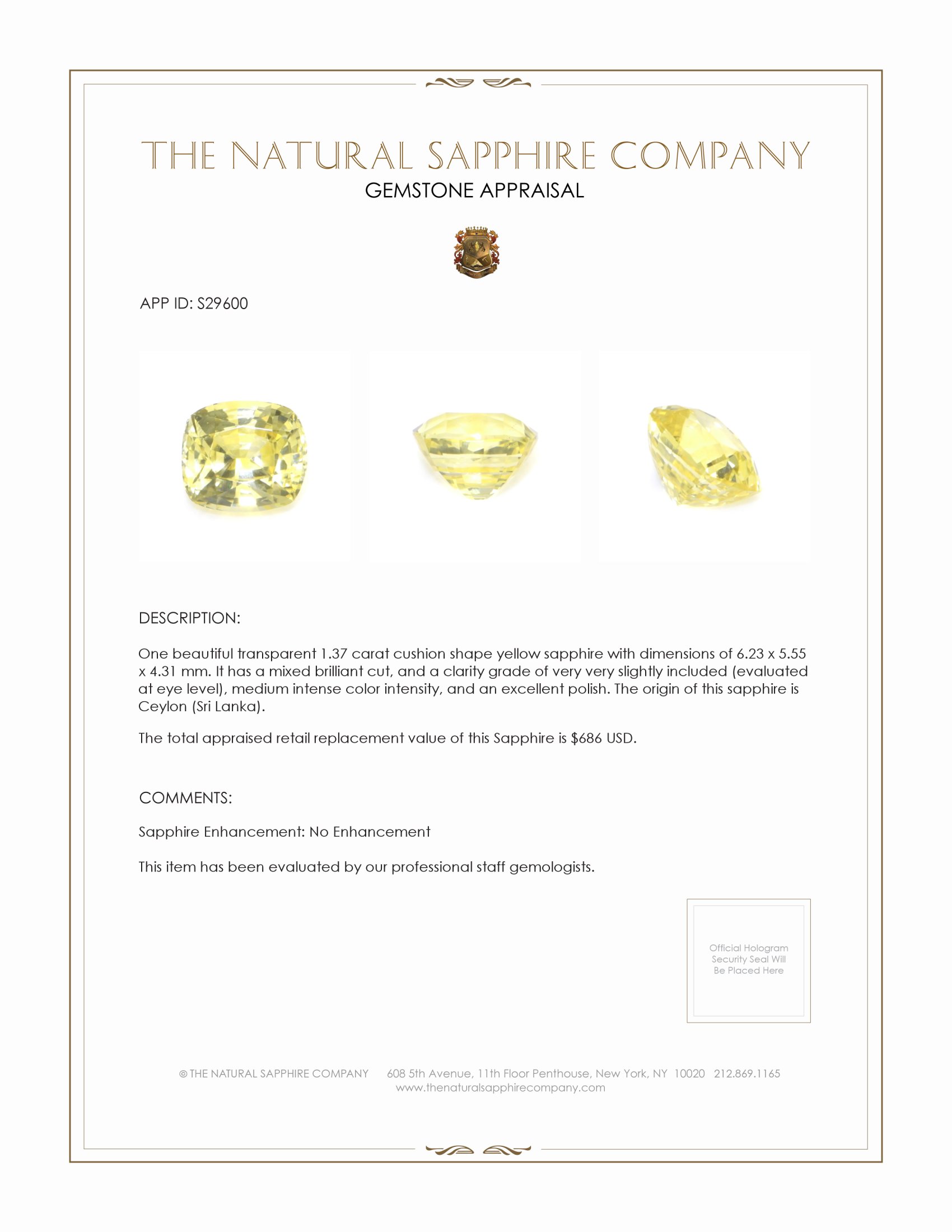 1.37 Ct. Yellow Sapphire from Ceylon (Sri Lanka)