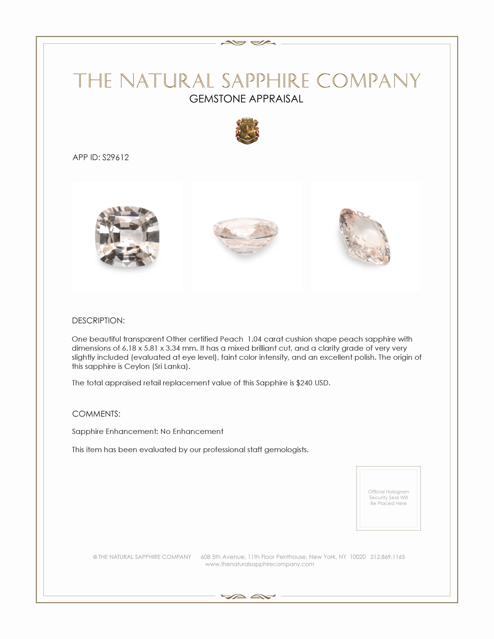 1.04 Ct. Peach Sapphire from Ceylon (Sri Lanka)