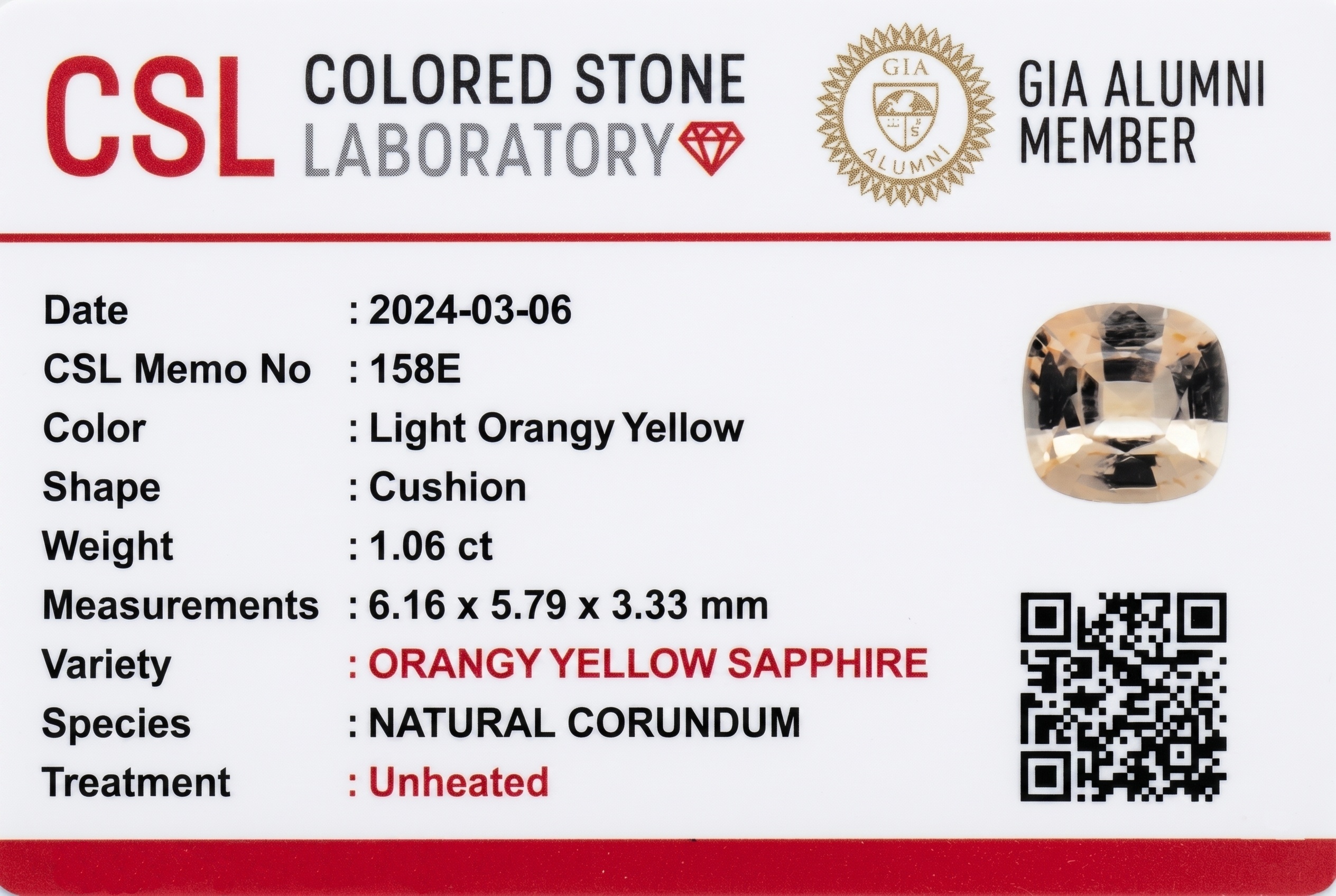1.04 Ct. Peach Sapphire from Ceylon (Sri Lanka)