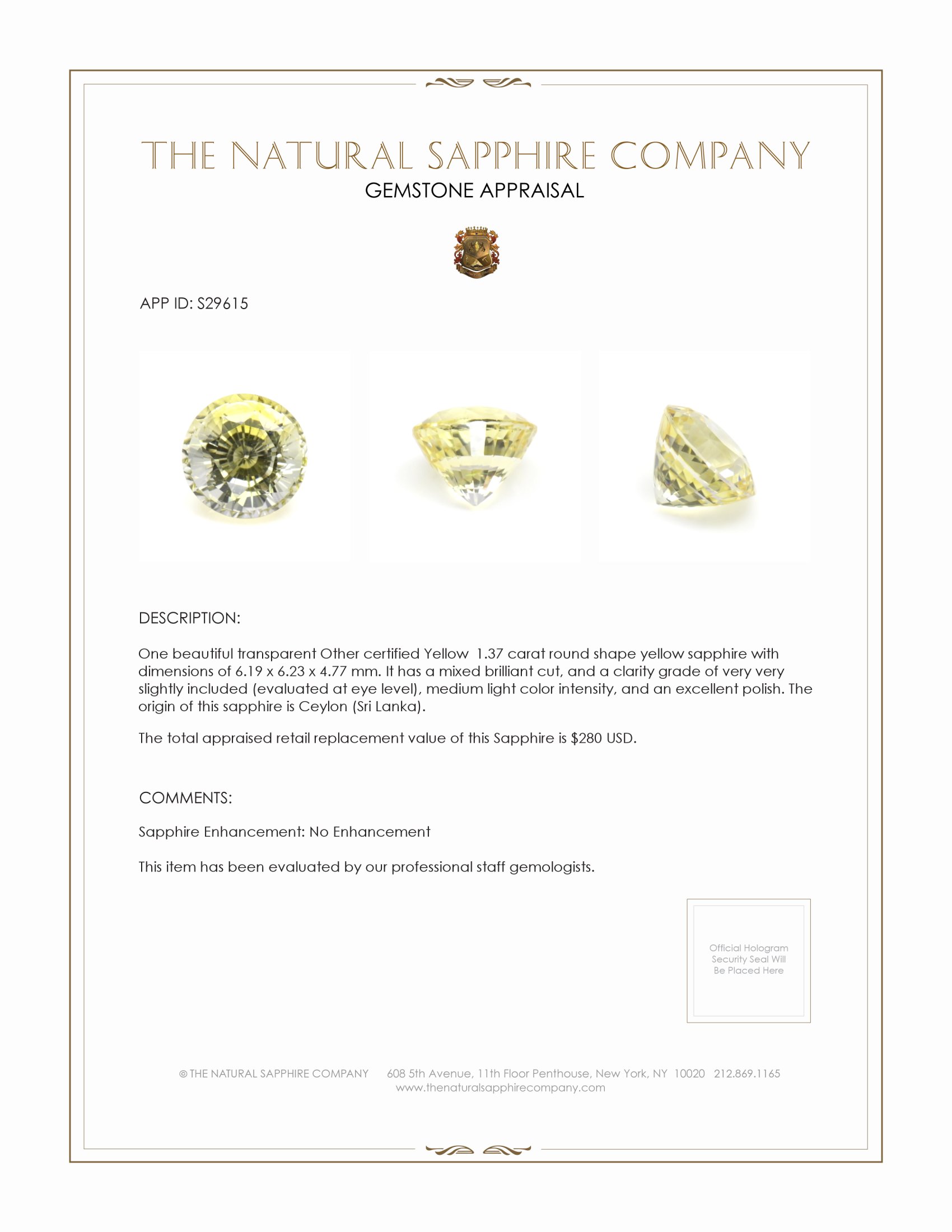 1.37 Ct. Yellow Sapphire from Ceylon (Sri Lanka)