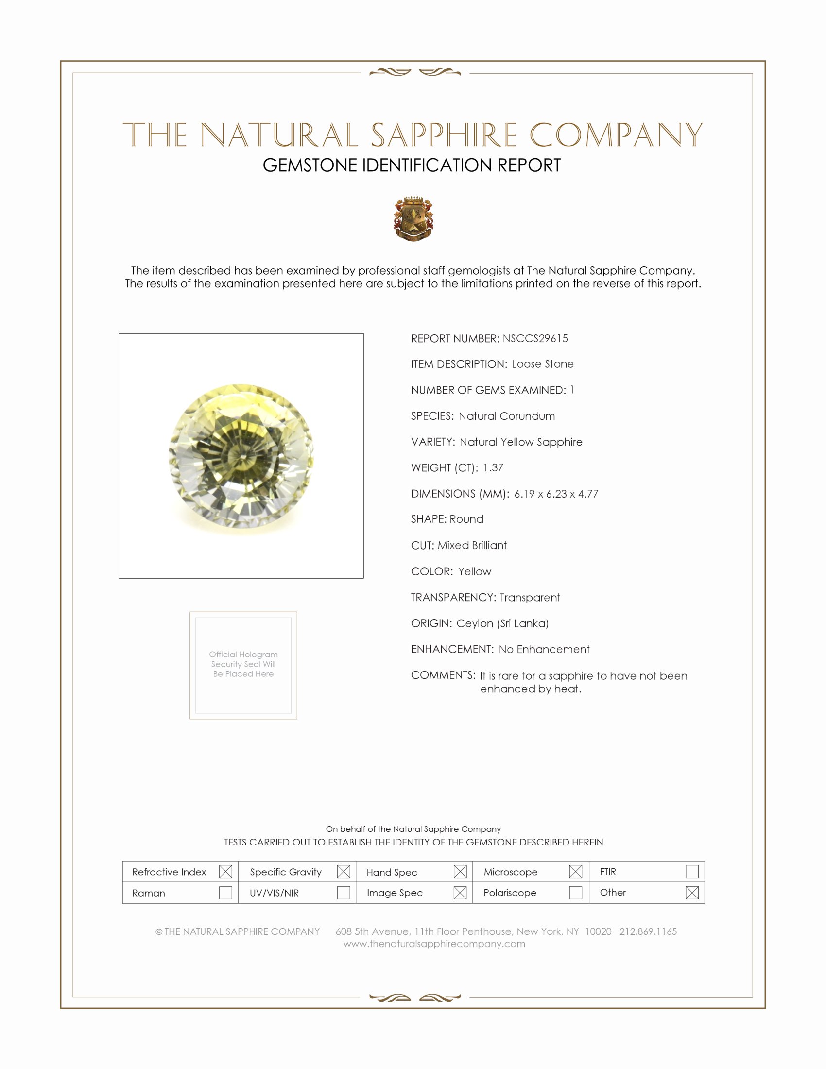 1.37 Ct. Yellow Sapphire from Ceylon (Sri Lanka)