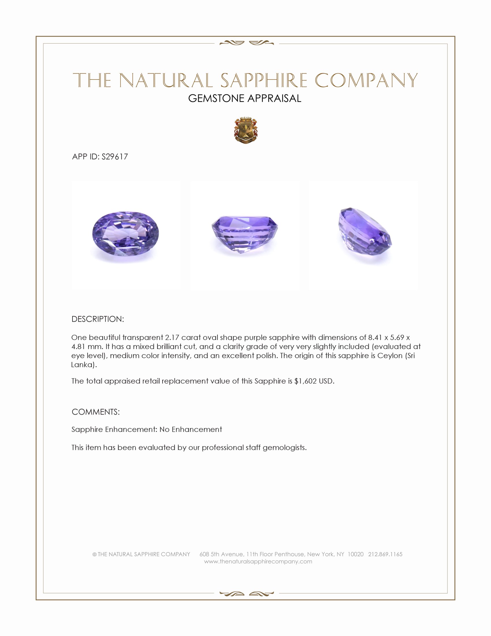 2.17 Ct. Purple Sapphire from Ceylon (Sri Lanka)
