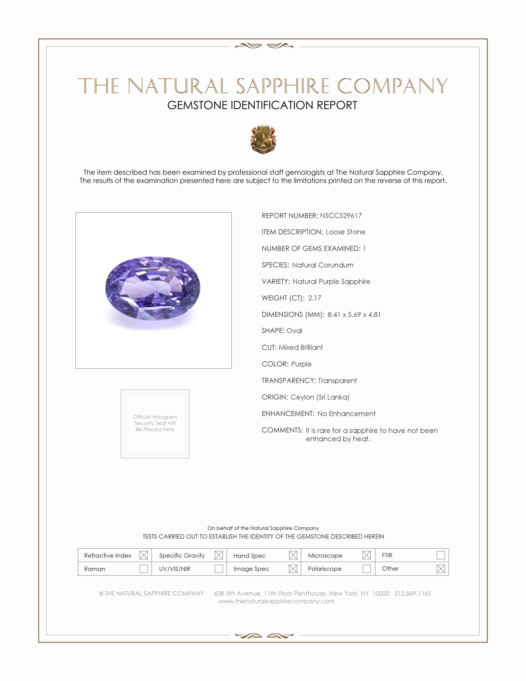 2.17 Ct. Purple Sapphire from Ceylon (Sri Lanka)