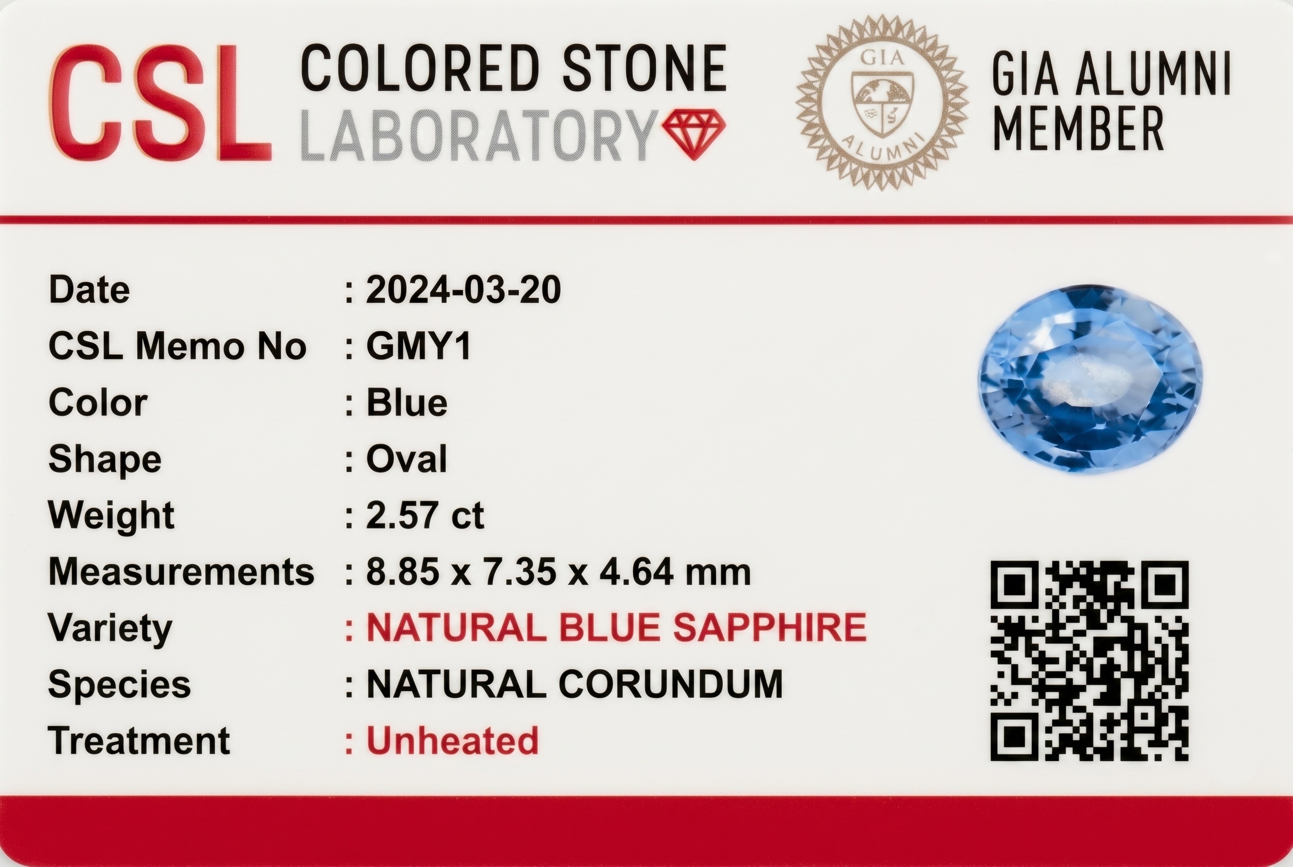 2.57 Ct. Blue Sapphire from Ceylon (Sri Lanka)