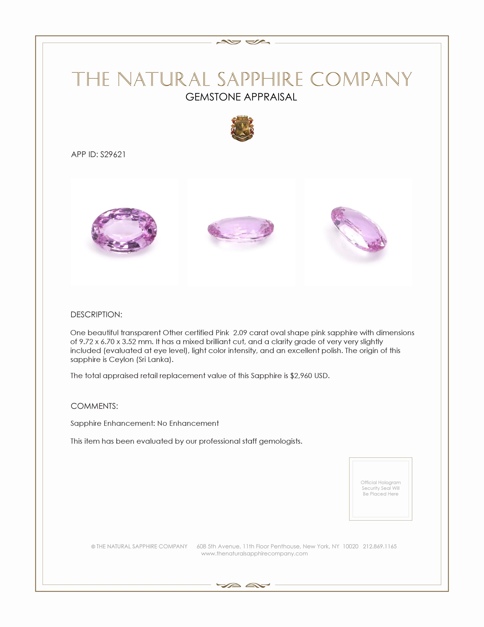 2.09 Ct. Pink Sapphire from Ceylon (Sri Lanka)