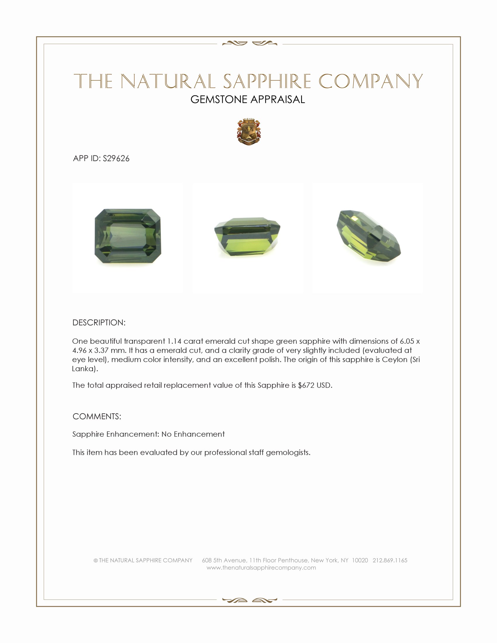1.14 Ct. Green Sapphire from Ceylon (Sri Lanka)