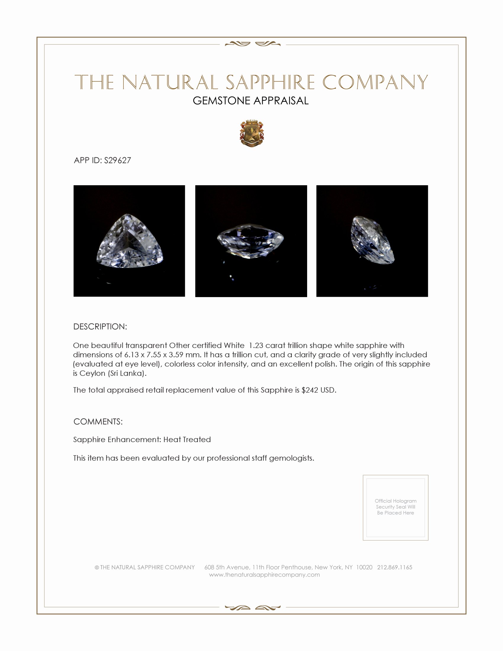 1.23 Ct. White Sapphire from Ceylon (Sri Lanka)