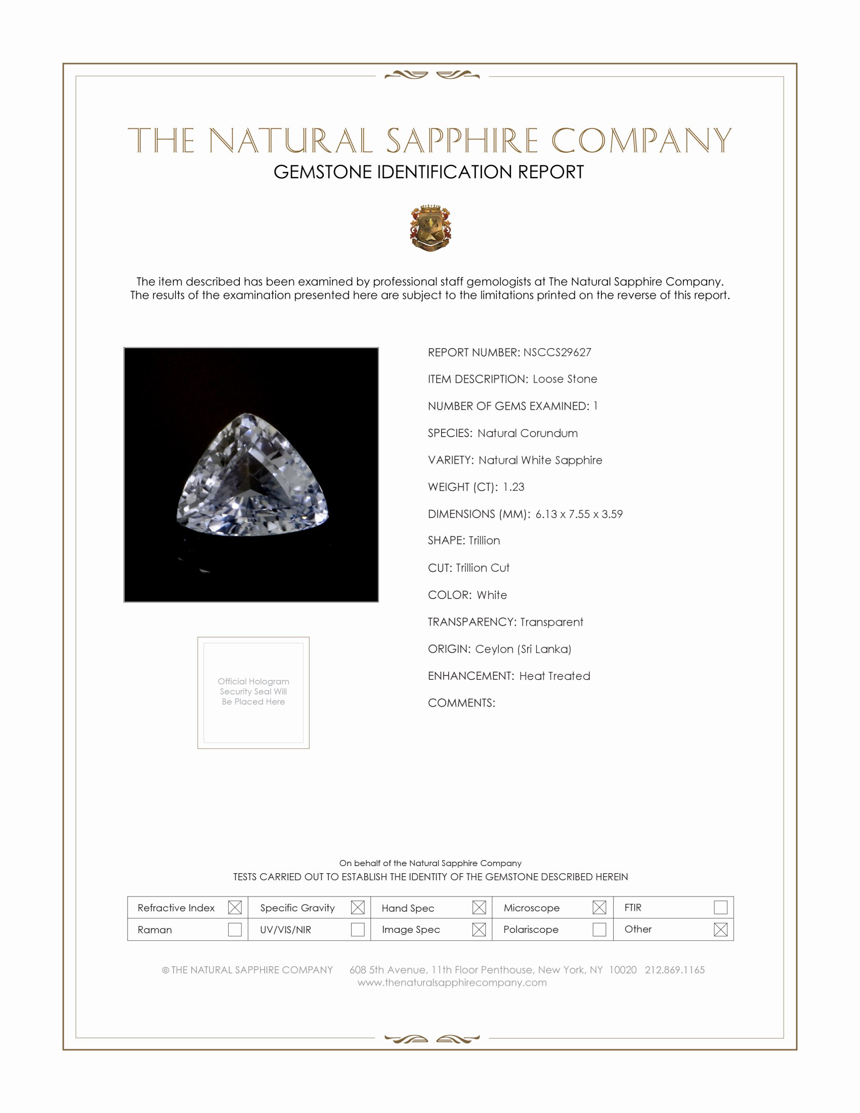 1.23 Ct. White Sapphire from Ceylon (Sri Lanka)
