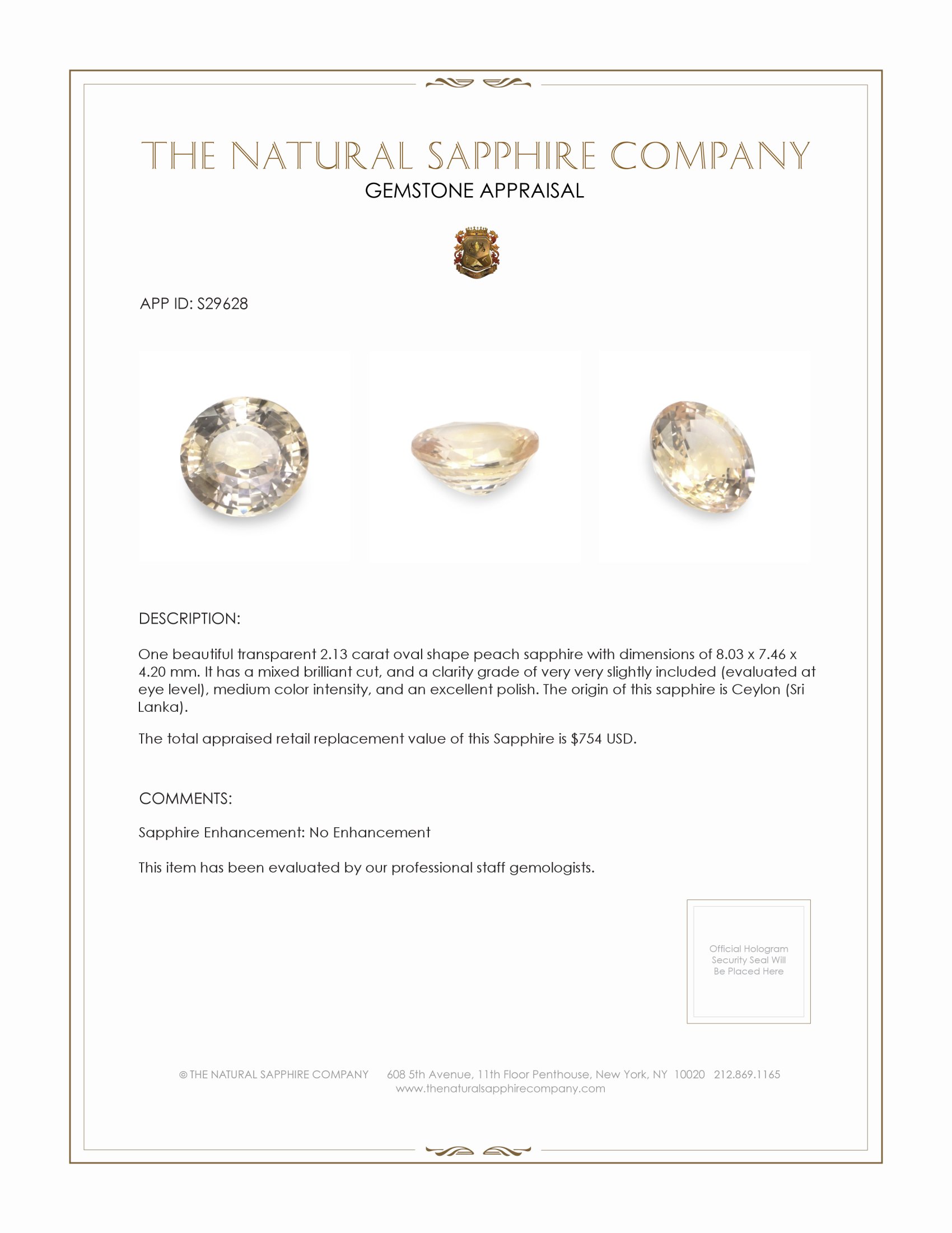 2.13 Ct. Peach Sapphire from Ceylon (Sri Lanka)