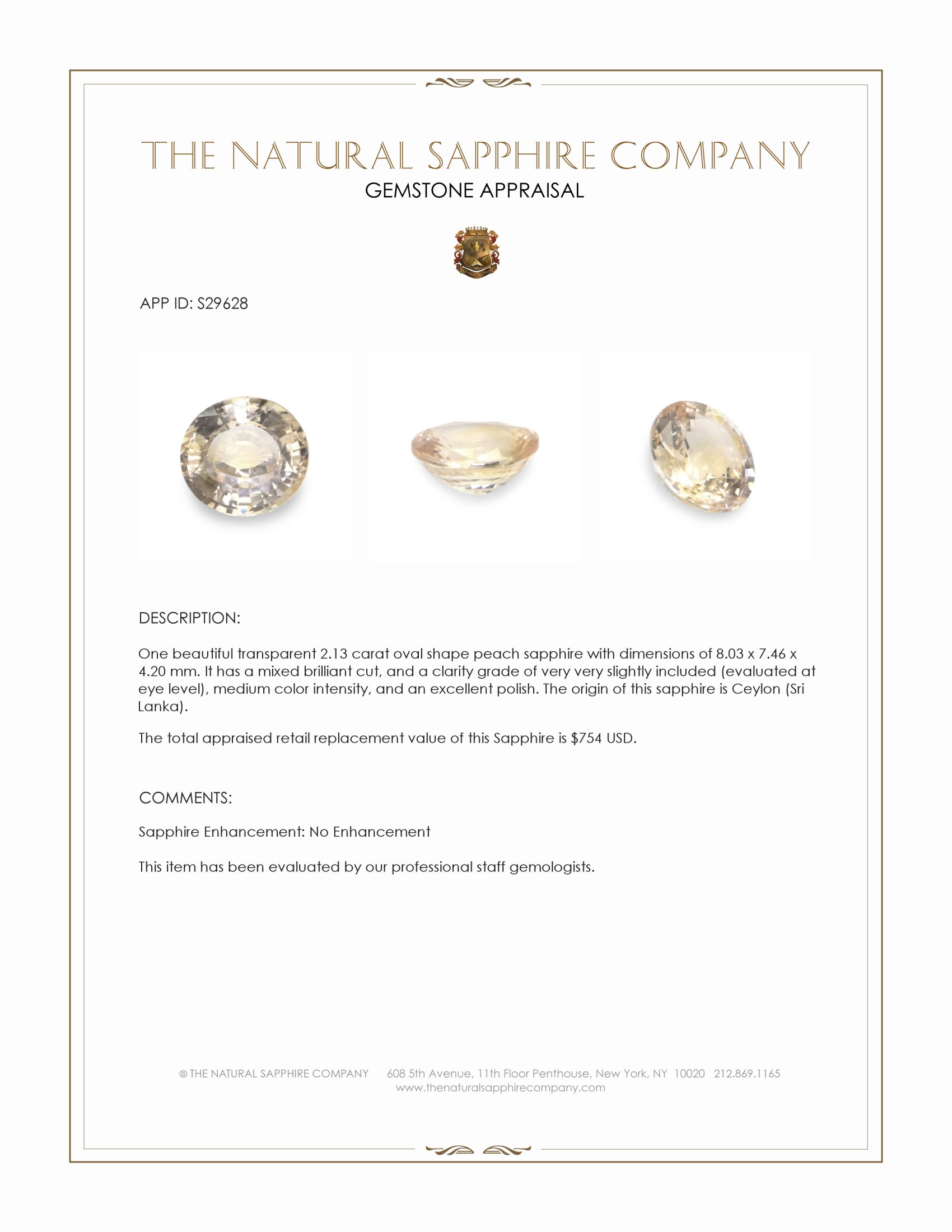 2.13 Ct. Peach Sapphire from Ceylon (Sri Lanka)